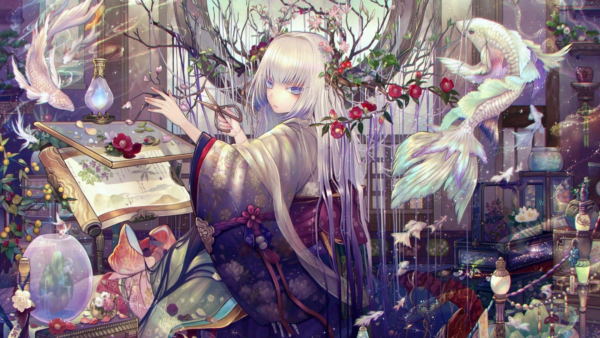 1920x1080 Download 1920x1080 Anime Girl, Surreal, Fishes, Room, Traditional Clothes, White Hair, Art Wallpaper for Widescreen