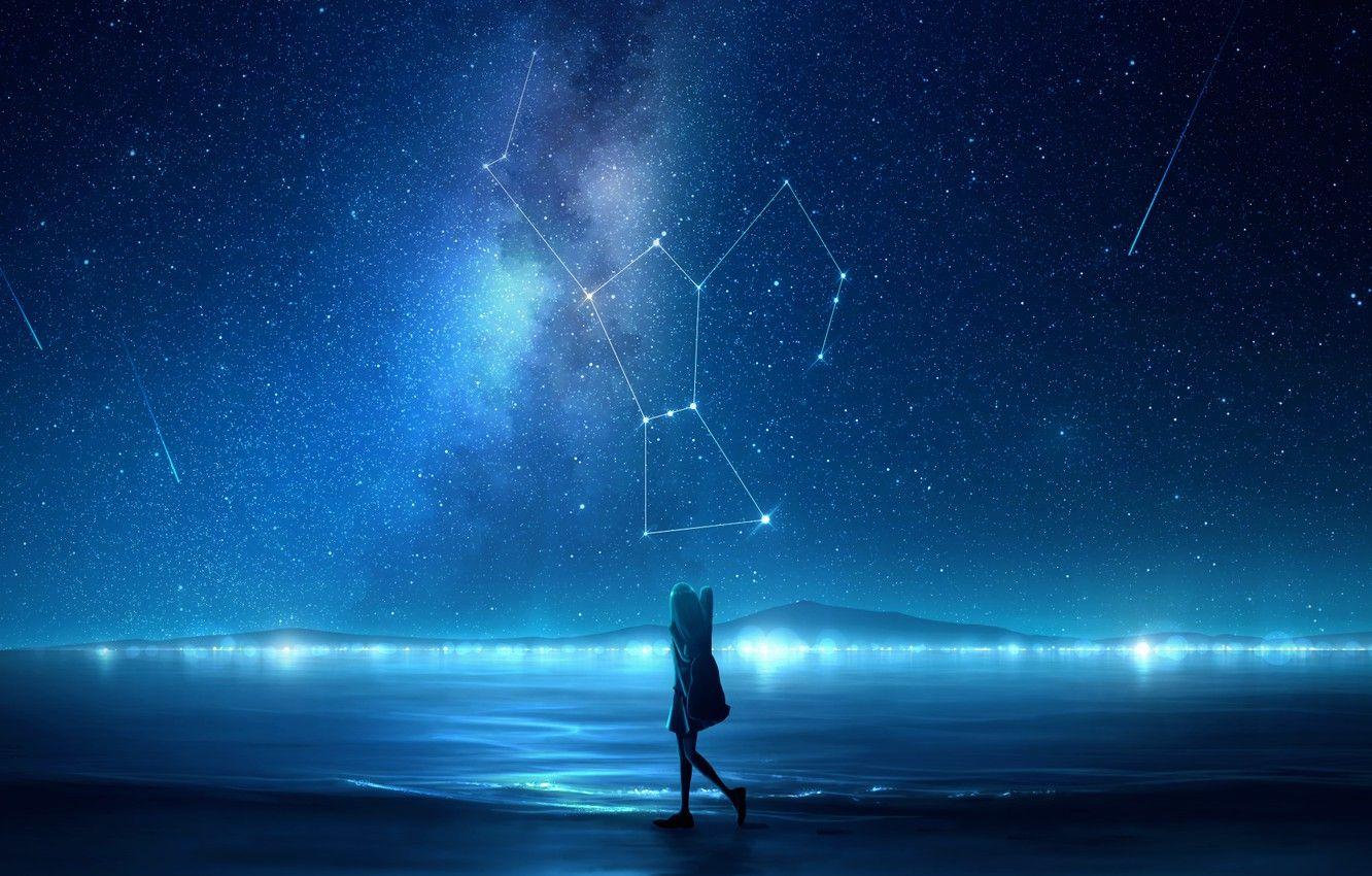 1332x850 Wallpaper sea, girl, night, constellation image for desktop, section арт
