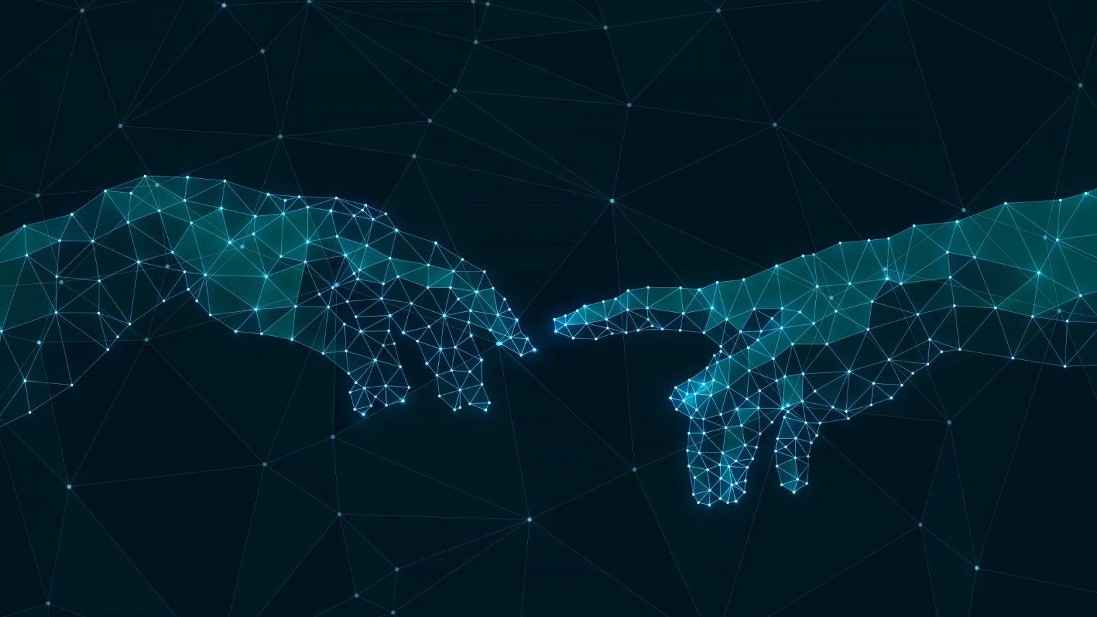 1600x900 digital art, hands, abstract, blue background, low poly, glowing, CGI, triangle, fan art, dots, vector, constellation, fingers, Michelangelo, The Creation of Adam, line, wing, screenshot, computer wallpaper, atmosphere of earth, invertebrate