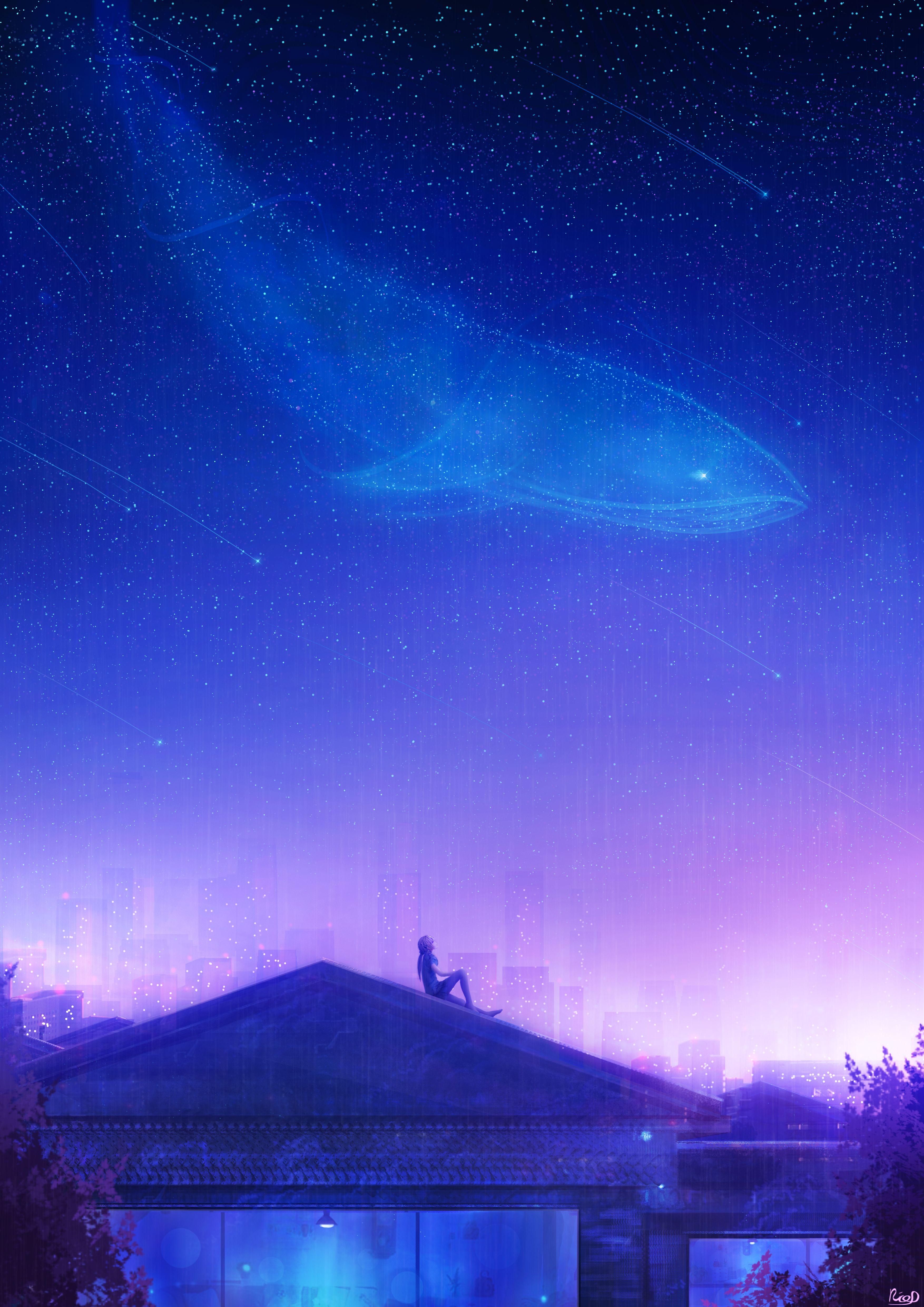 3508x4961 Download wallpaper 3508x4961 roof, night, constellation, art, man, solitude, stars HD background