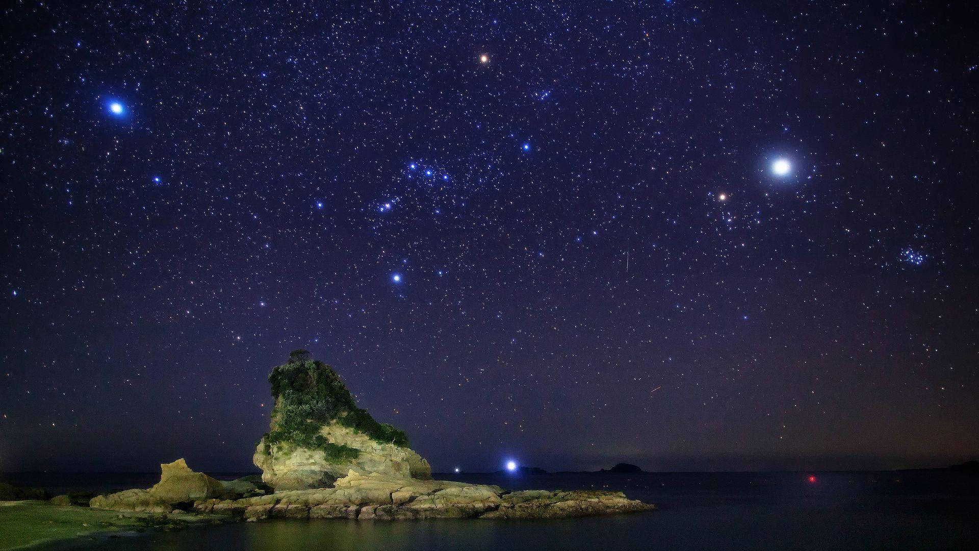 1920x1080 Trees hills sea star sky stars bokeh wallpaperx1080