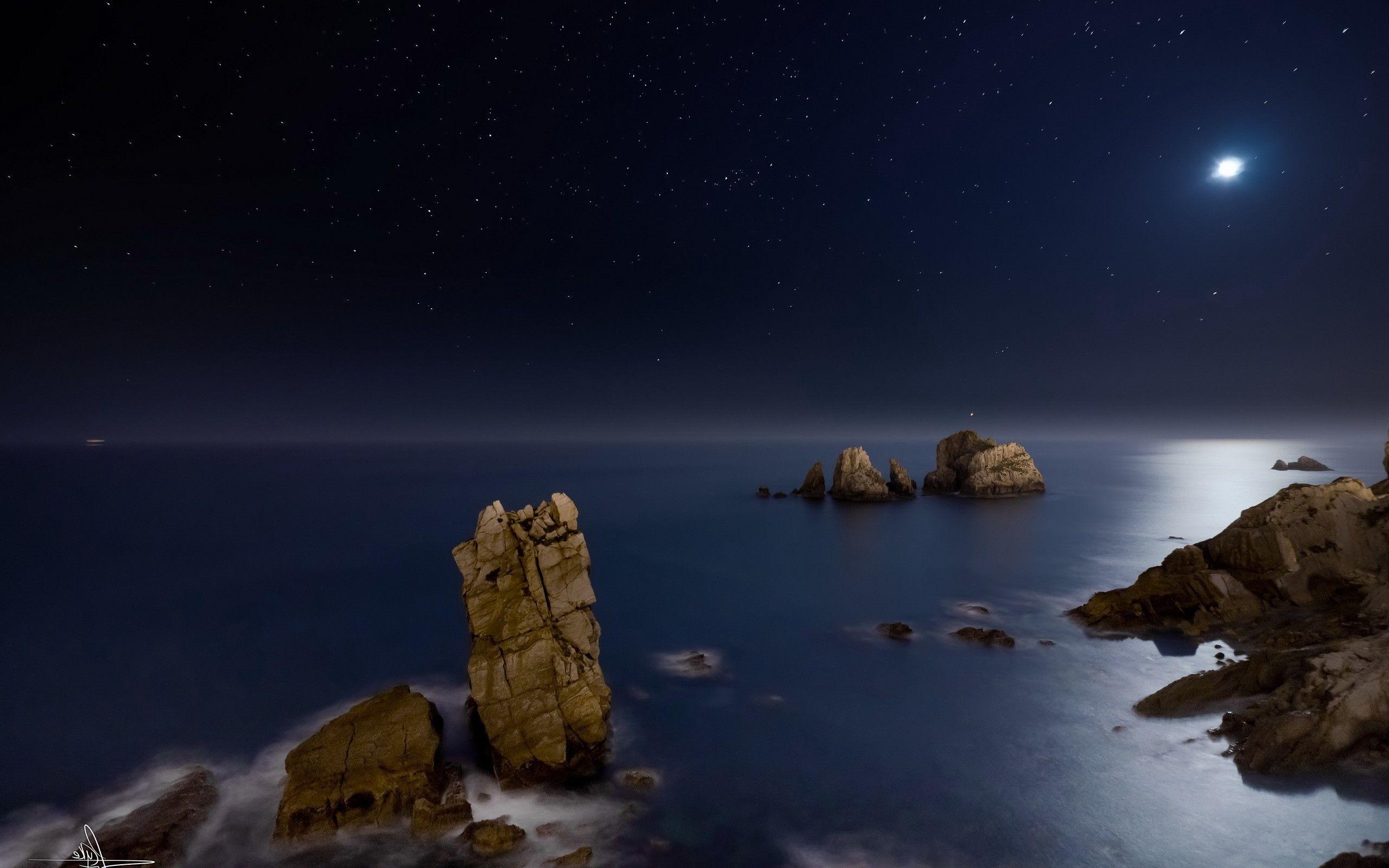 2560x1600 nature, Landscape, Night, Moon, Rock, Long Exposure, Sea, Stars, Horizon, Waves Wallpaper HD / Desktop and Mobile Background