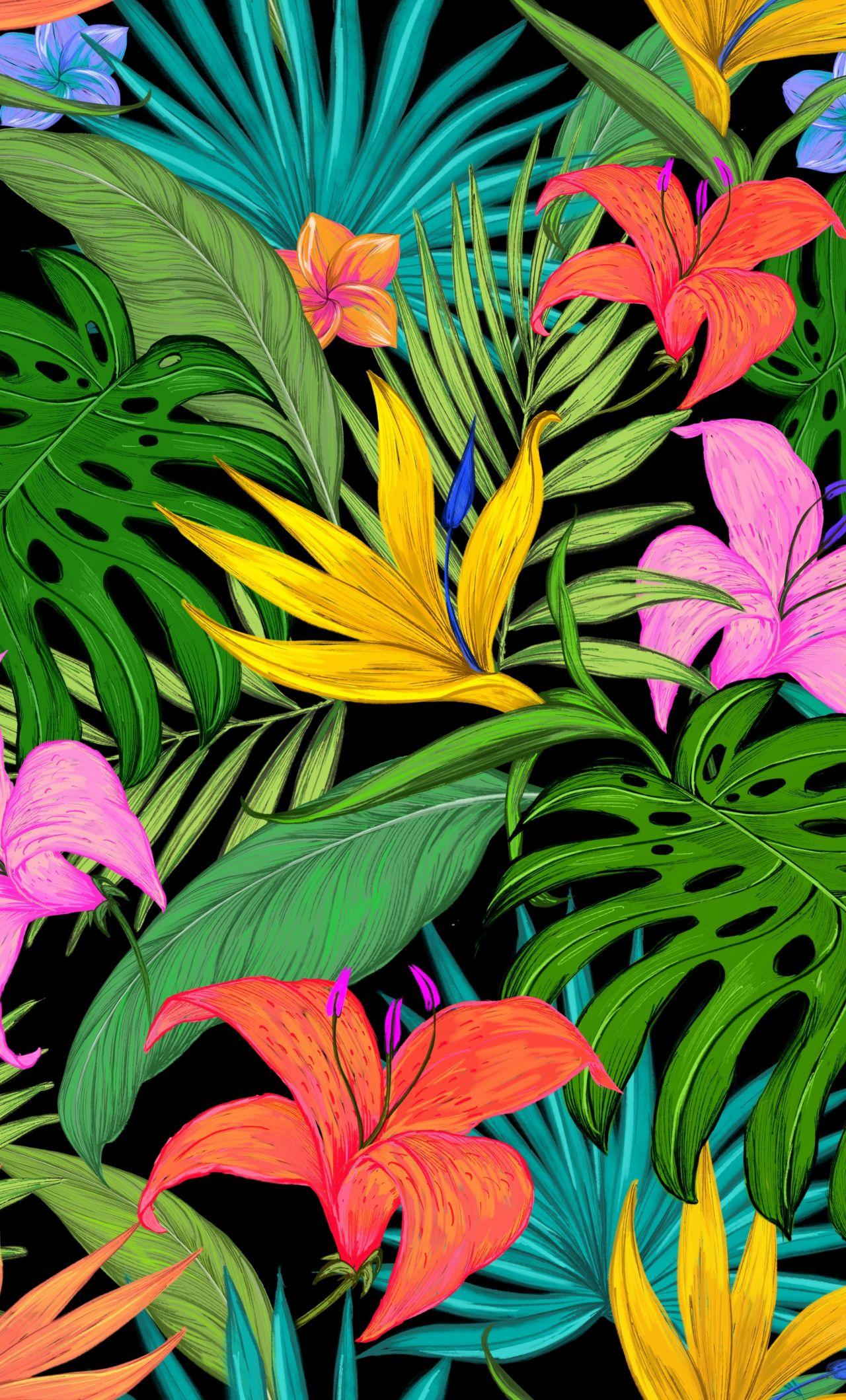 1280x2120 Download 1280x2120 wallpaper pattern, tropical, flowers, leaves, iphone 6 plus, 1280x2120 HD image, background, 16259