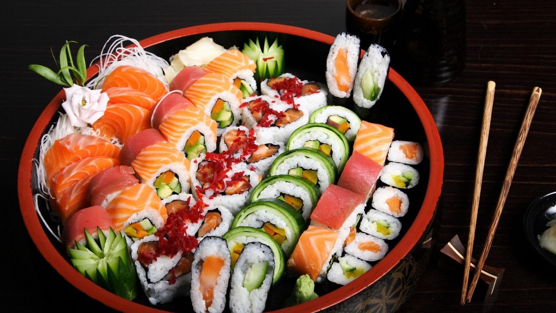 1920x1080 Download wallpaper 1920x1080 sushi, rolls, meat, fish, plate