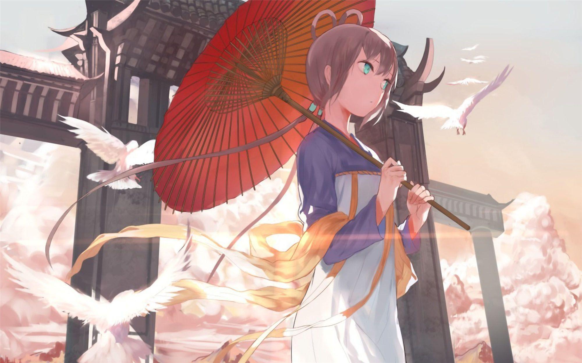 2000x1250 #blue eyes, #anime, #anime girls, #umbrella, #Vocaloid China, #birds, #hanfu, #Luo Tianyi, wallpaper. Mocah.org HD Desktop Wallpaper