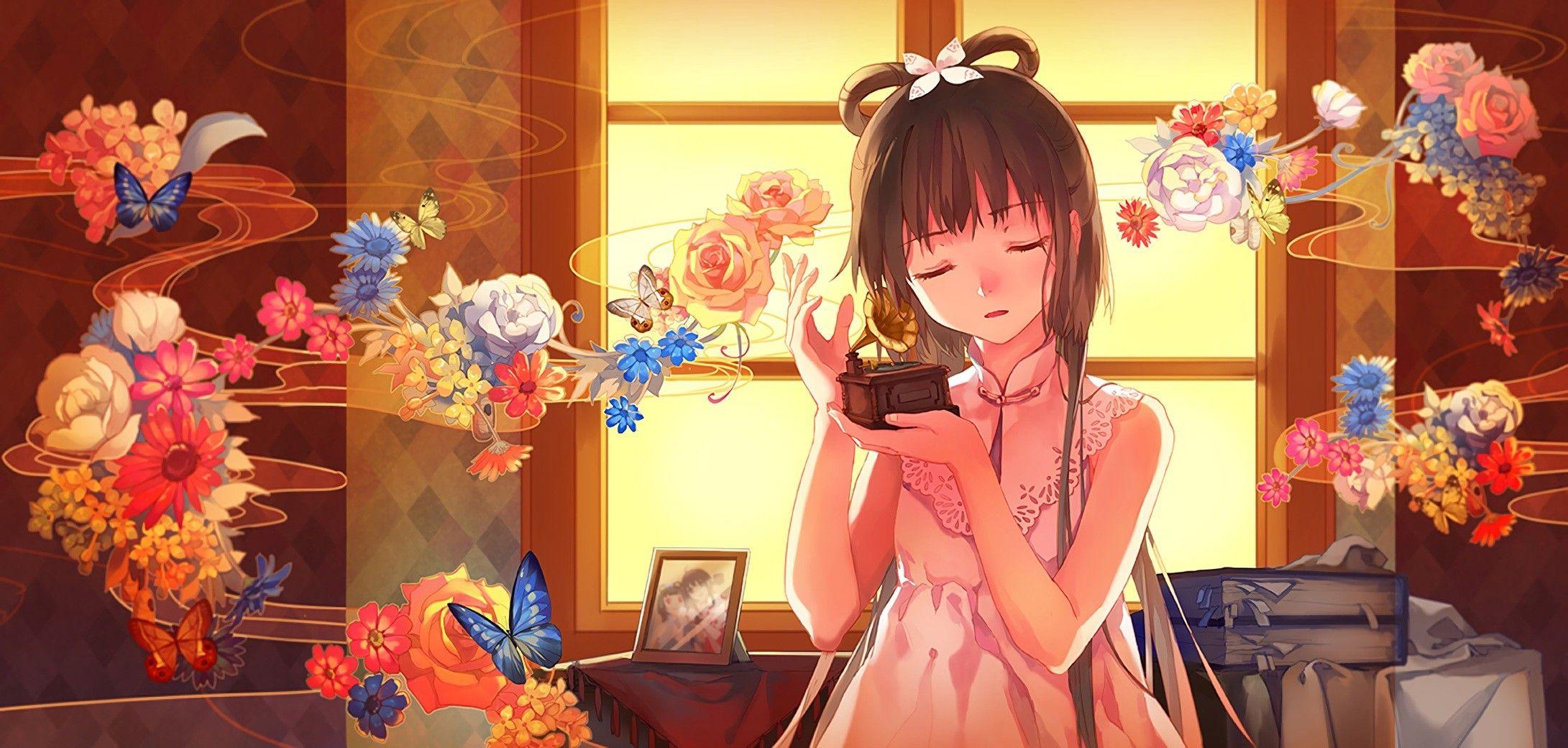 2181x1040 Anime Anime Girls Vocaloid Vocaloid China Luo Tianyi Books Butterfly Dress Flowers Long Hair Brunett Wallpaper:2181x1040