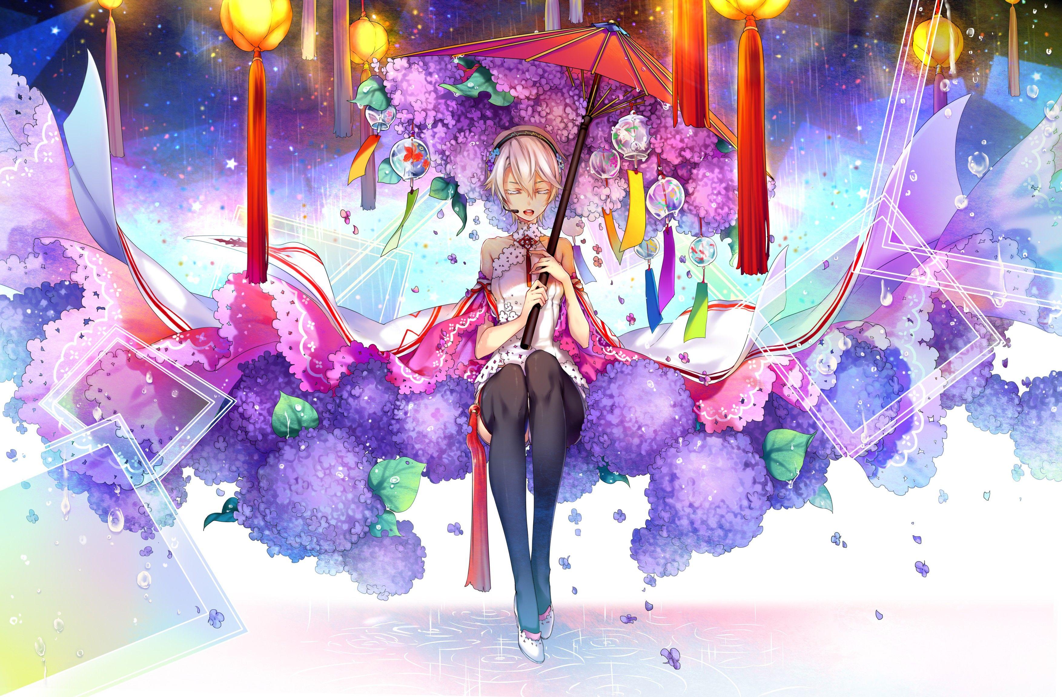 3507x2300 #umbrella, #anime, #anime girls, #flowers, #short hair, #Vocaloid China, #water, #headphones, #rain, #Yan He, #Vocaloid, wallpaper. Mocah.org HD Desktop Wallpaper