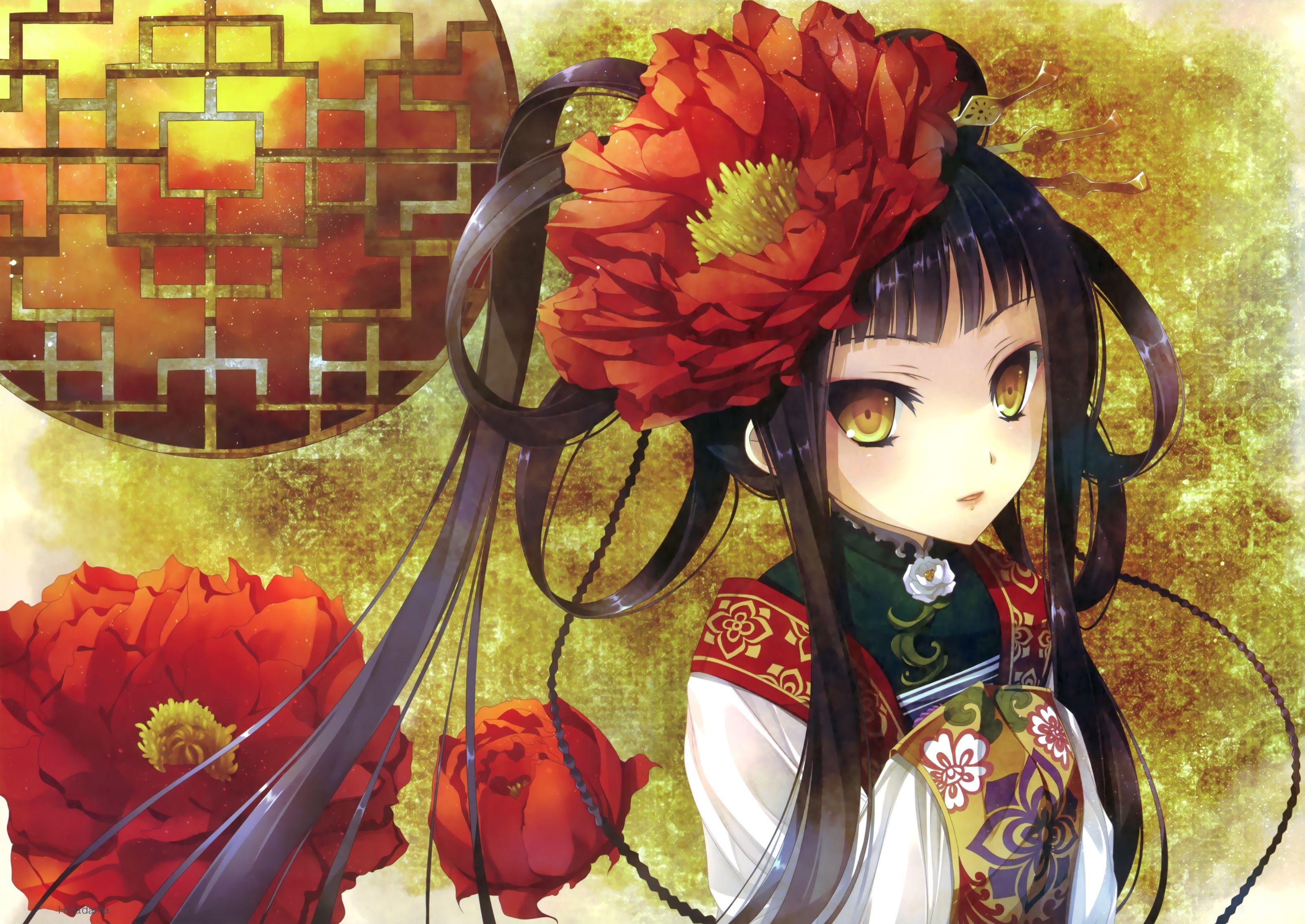 3200x2267 Original black hair chinese dress flowers katagiri hinata original scan yellow eyes wallpaperx2267