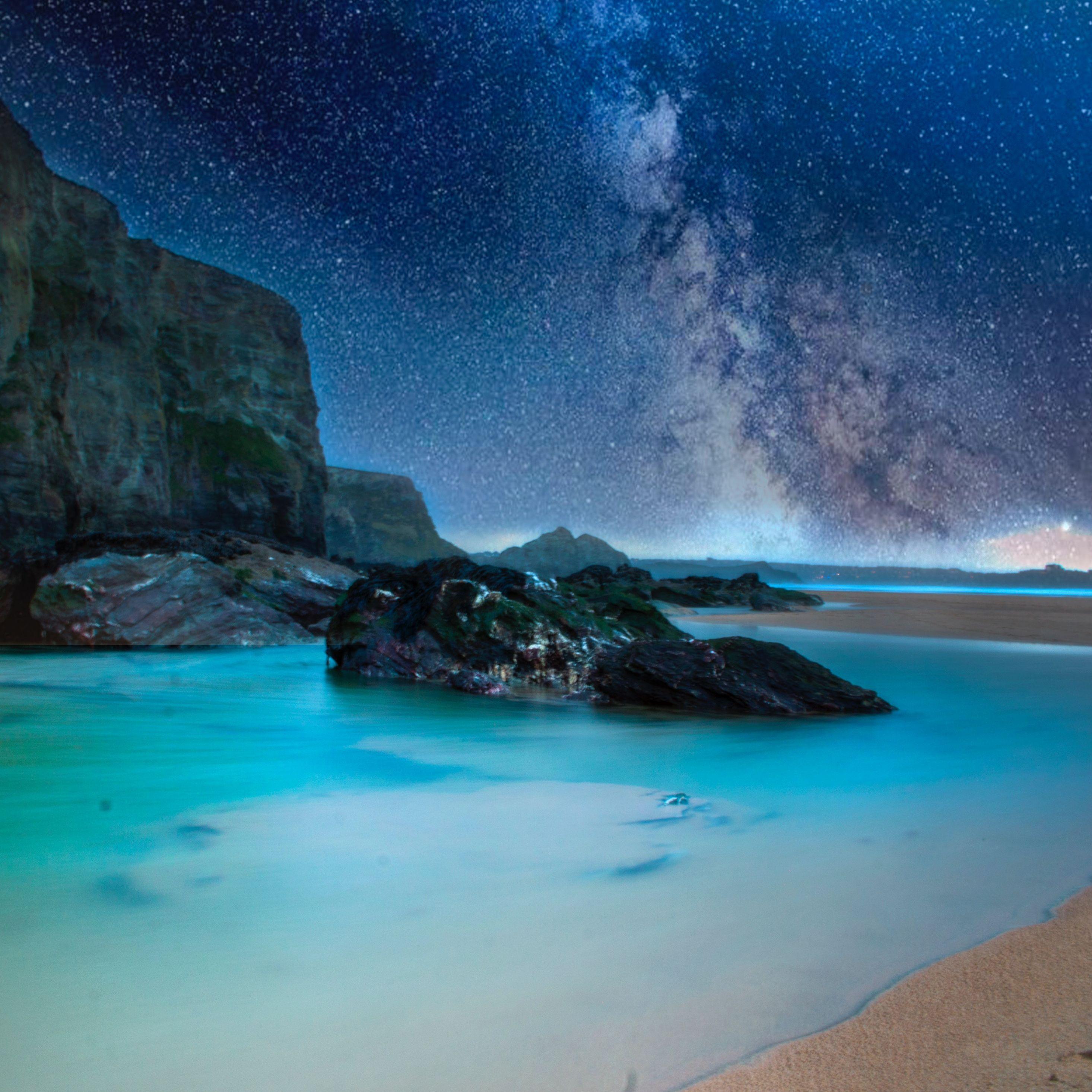 2932x2932 Download Night, beach, rocks, coast, nature wallpaper, 2932x iPad Pro Retina