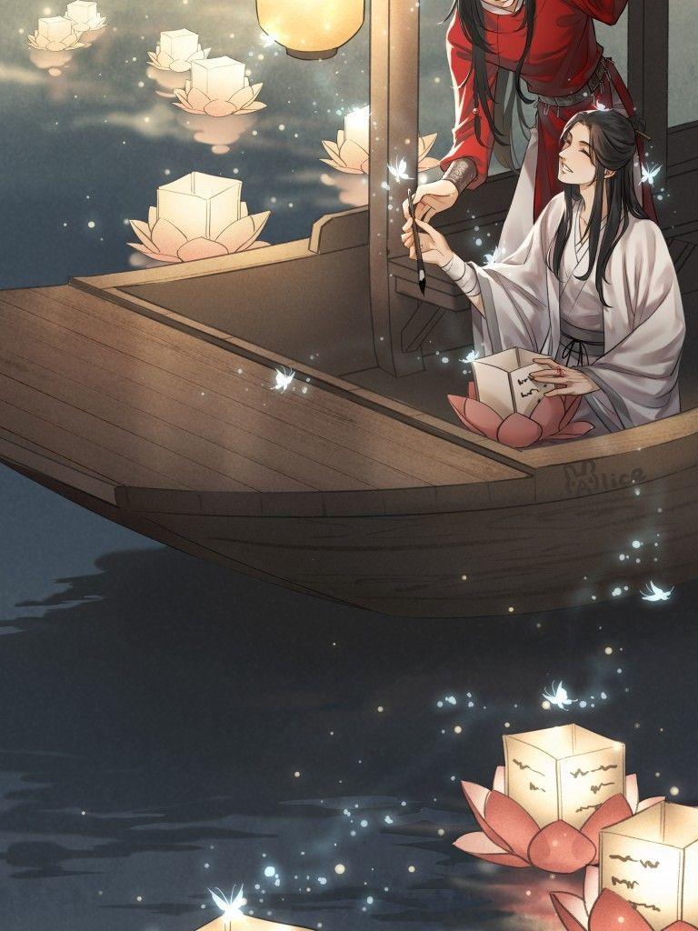768x1024 Download 768x1024 Xie Lian, Hua Cheng, Tian Guan Ci Fu, Boat, Lanterns, Chinese Outfit Wallpaper for Apple iPad Apple iPad Mini