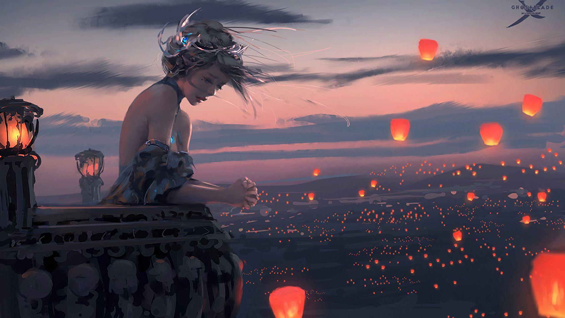 1920x1080 Photos Girls Lantern wlop Balcony Anime Fanart 1920x1080