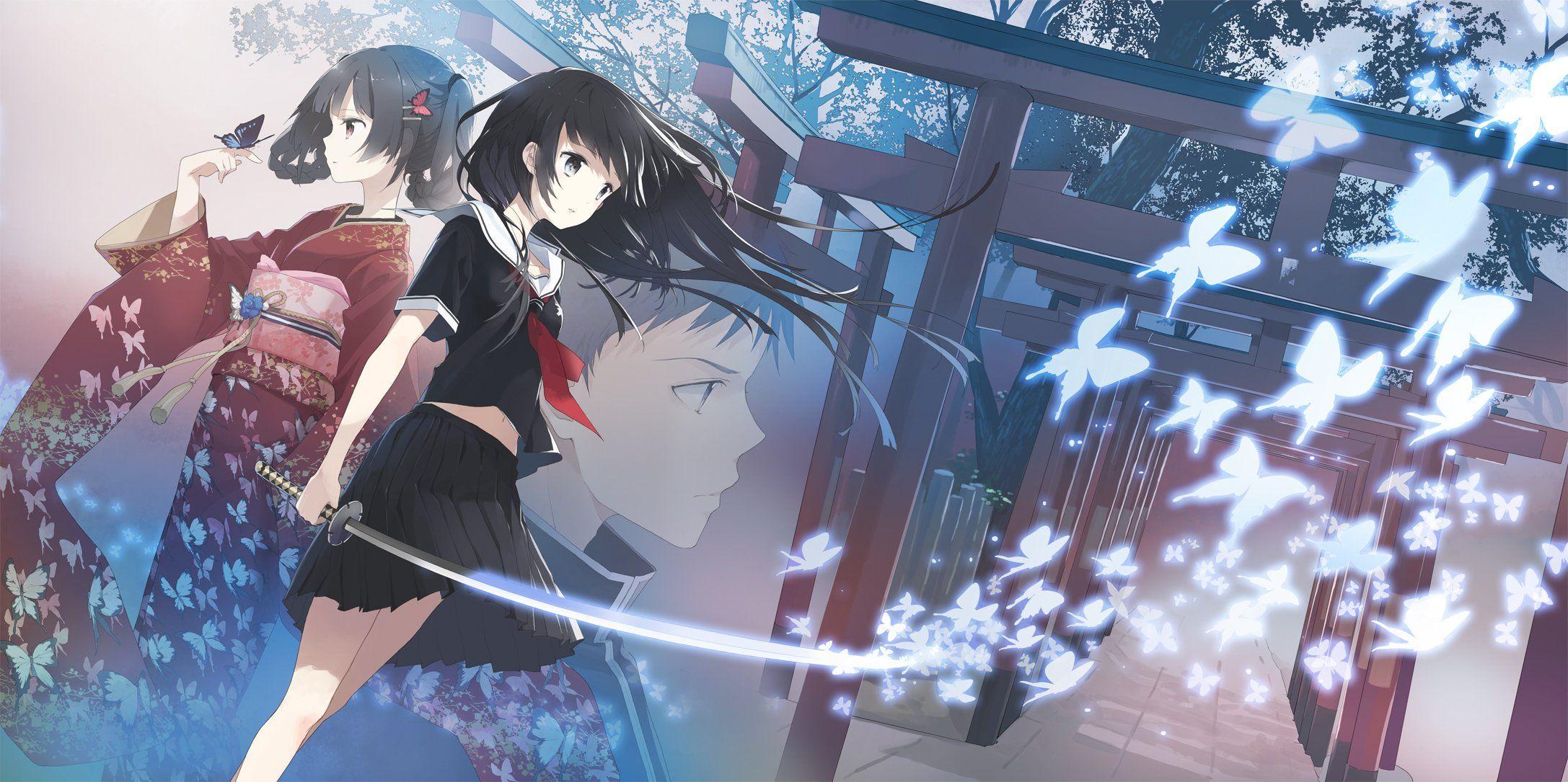2174x1085 Art guy anime weapon Butterflies kimono Katana Girls temple wallpaperx1085