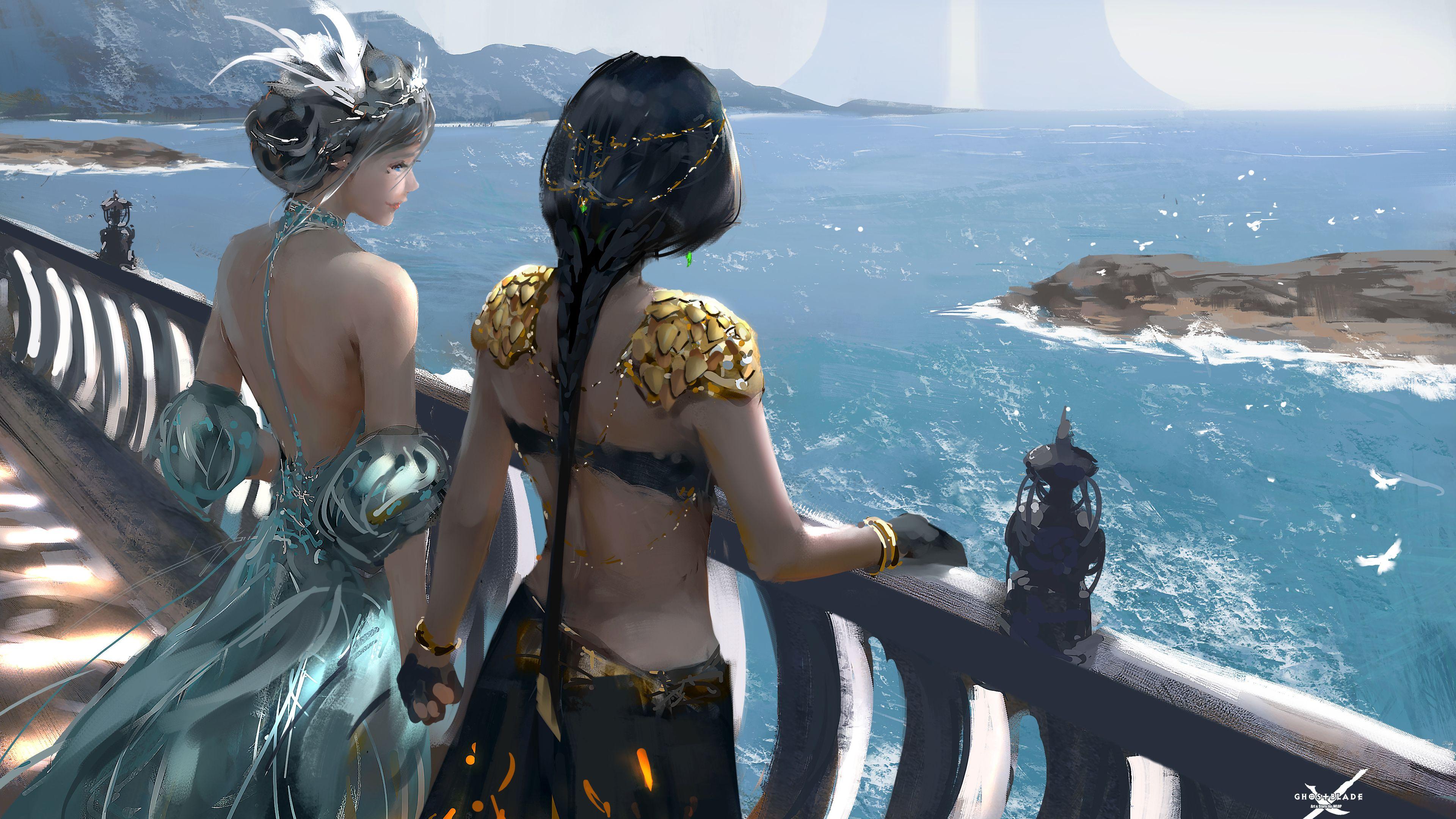 3840x2160 Wallpaper 4k Women Standing At Balcony Looking Sea Digital Art Fantasy Girls 4k 4k Wallpaper, Artist Wallpaper, Artwork Wallpaper, Wallpaper, Digital Art Wallpaper, Fantasy Girls Wallpaper, Hd Wallpaper