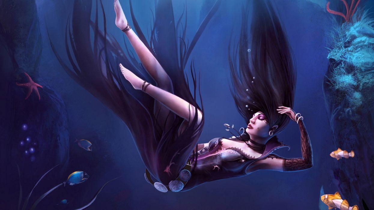 1245x700 Nghệ thuật tưởng tượng cg nghệ thuật kỹ thuật số tâm trạng chết đuối dưới nước đại dương cá biển phụ nữ gothic trang sức corset ngăm đen babes cô gái hình nền.  2560x1440.  32196