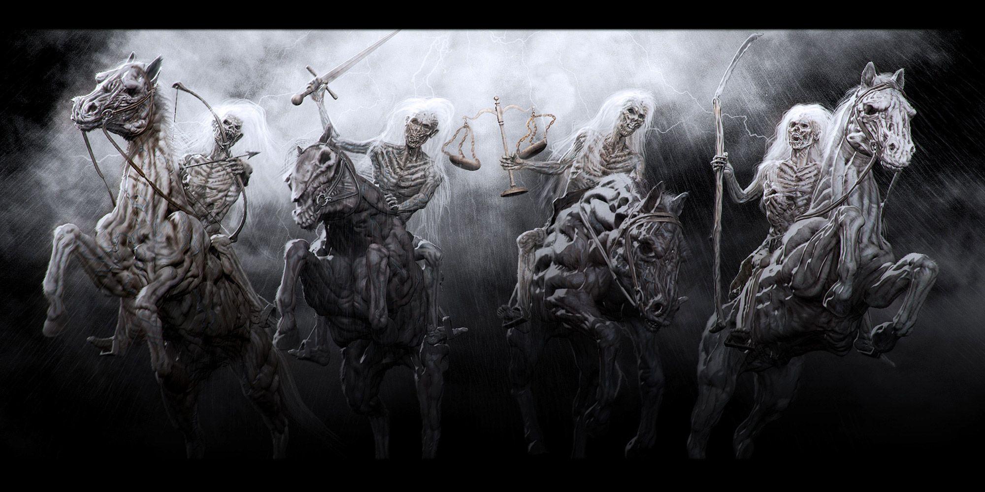 2000x999 Horsemen of the Apocalypse religion revelations bible dark horror skulls skeleton weapons sword horses monsters wallpaperx999