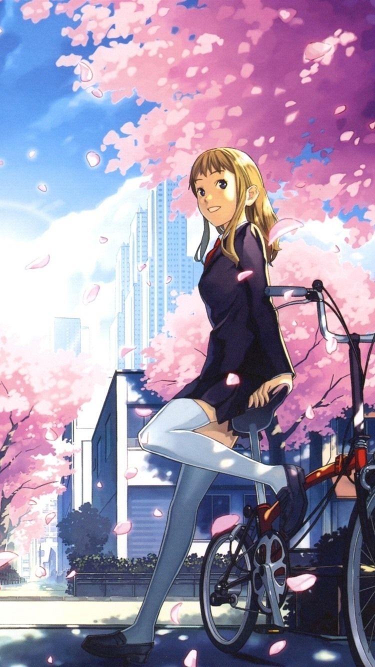 750x1334 Smile Anime Girl, Bike, Sakura, Train 750x1334 IPhone 8 7 6 6S Wallpaper, Background, Picture, Image