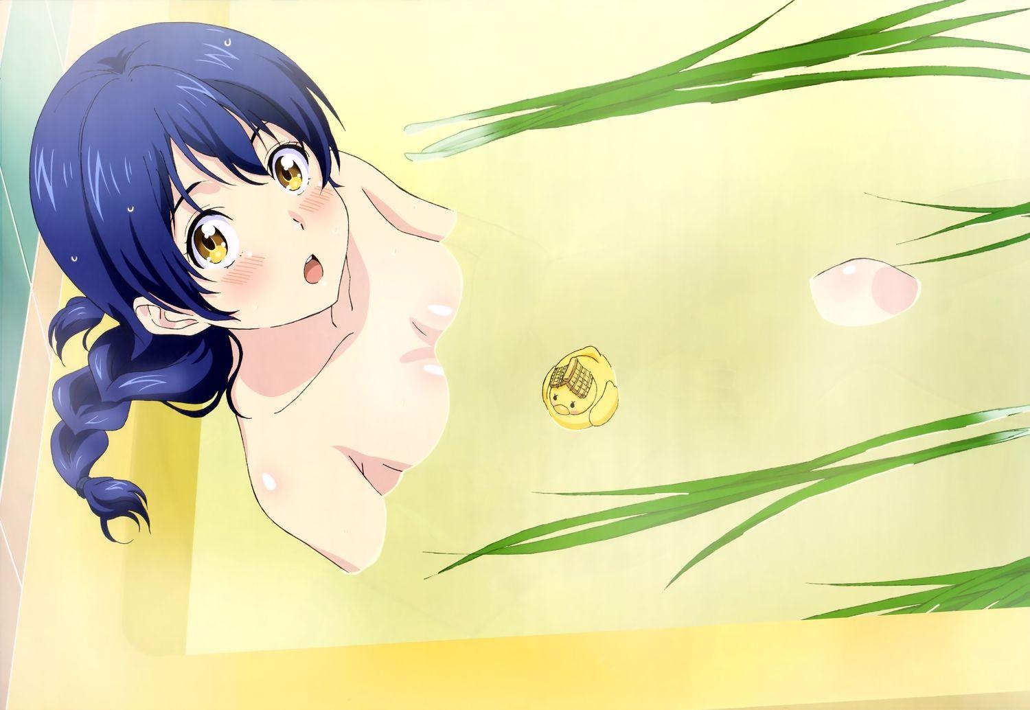 1500x1034 bath bathtub blue hair blush braids megami nude rubber duck scan shokugeki no souma tadokoro megumi tagme (artist) wet yellow eyes. konachan.com.com Anime Wallpaper