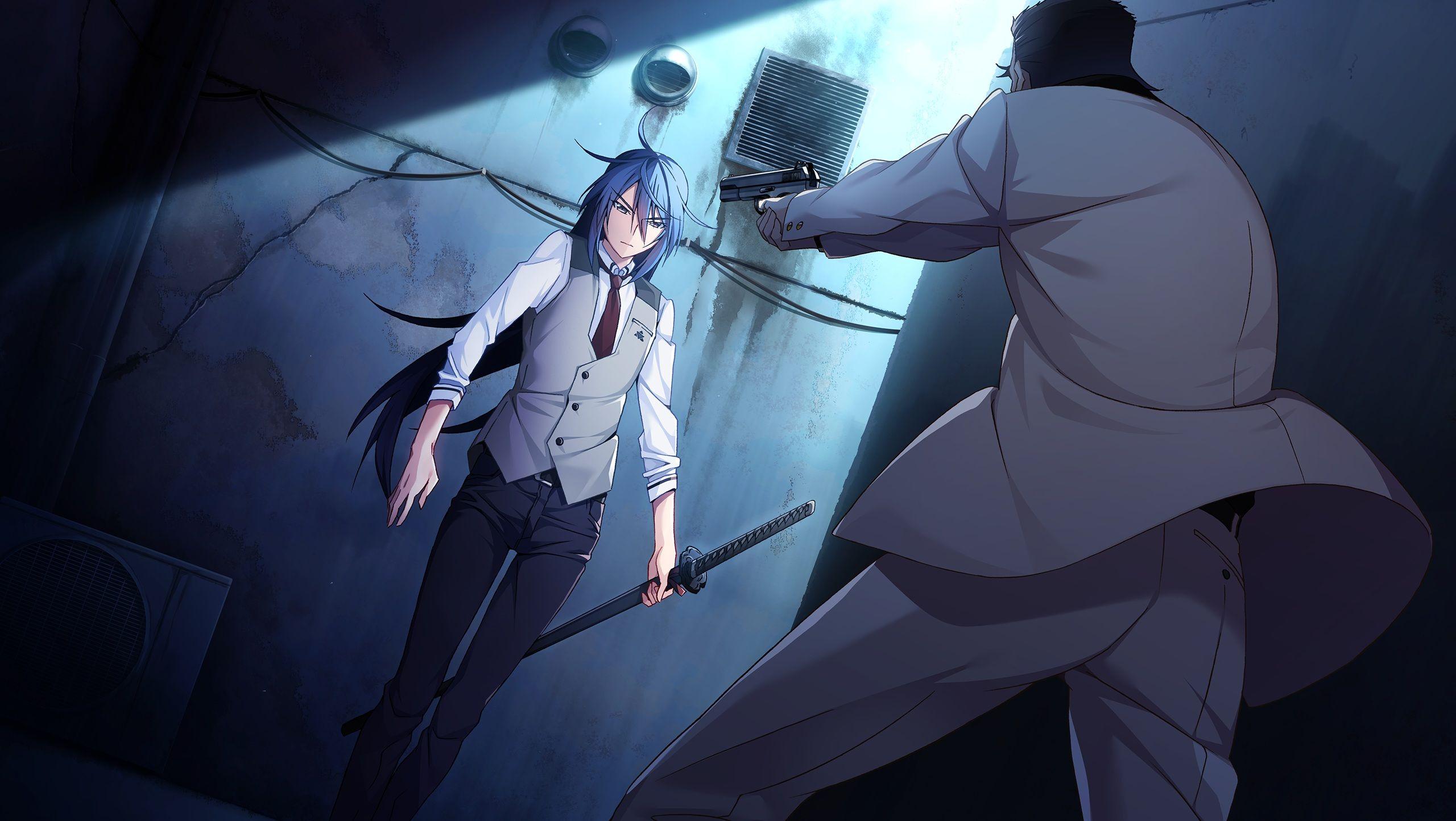 2560x1444 all male aoi haruto black eyes blue hair front wing game cg grisaia phantom trigger gun long hair male seifuku sword tie watanabe akio weapon wallpaperx1444