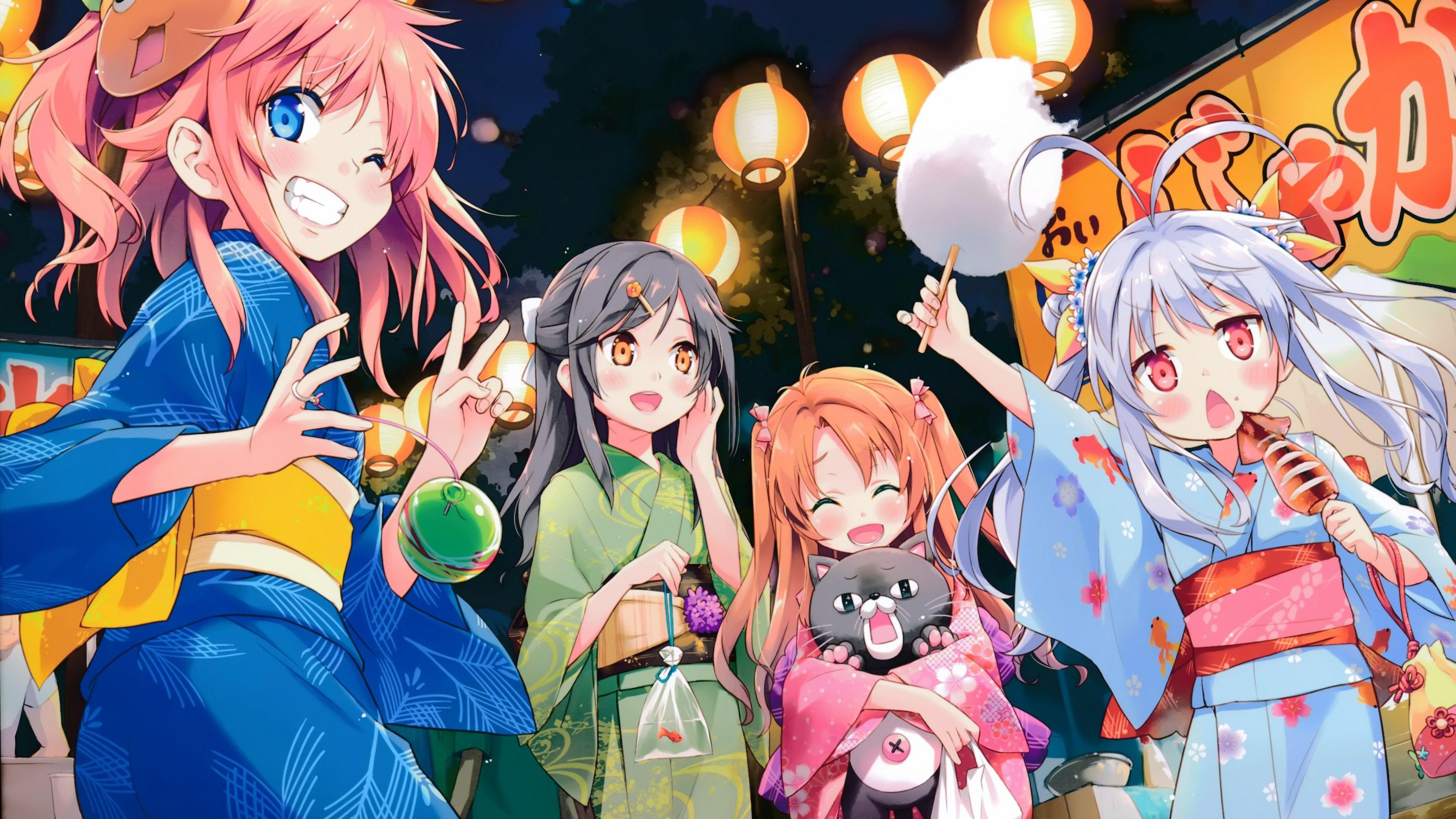 3840x2160 Download 3840x2160 Non Non Biyori, Ichijou Hotaru, Miyauchi Renge, Koshigaya Komari, Festival, Kimono Wallpaper for UHD TV