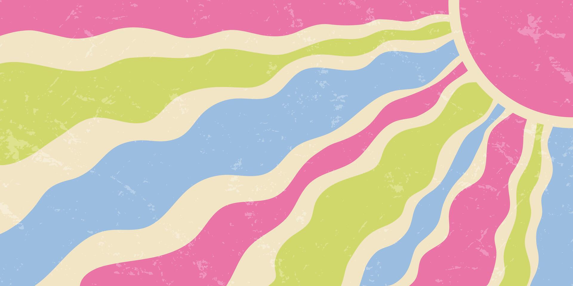 1920x960 Groovy y2k retro sun burst pattern with pastel sunshine and wavy ray shapes in a grunge background. Abstract burst in a grungy effect, horizontal orientation. Vintage sunshine for trendy decor. 76600462 Vector