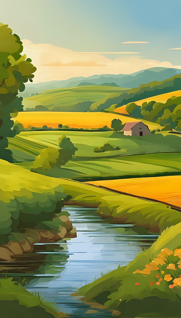 736x1290 River Painting in Lush Green Field. Cartoon landscape wallpaper, Countryside landscape illustration, Cartoon scenery landscapes