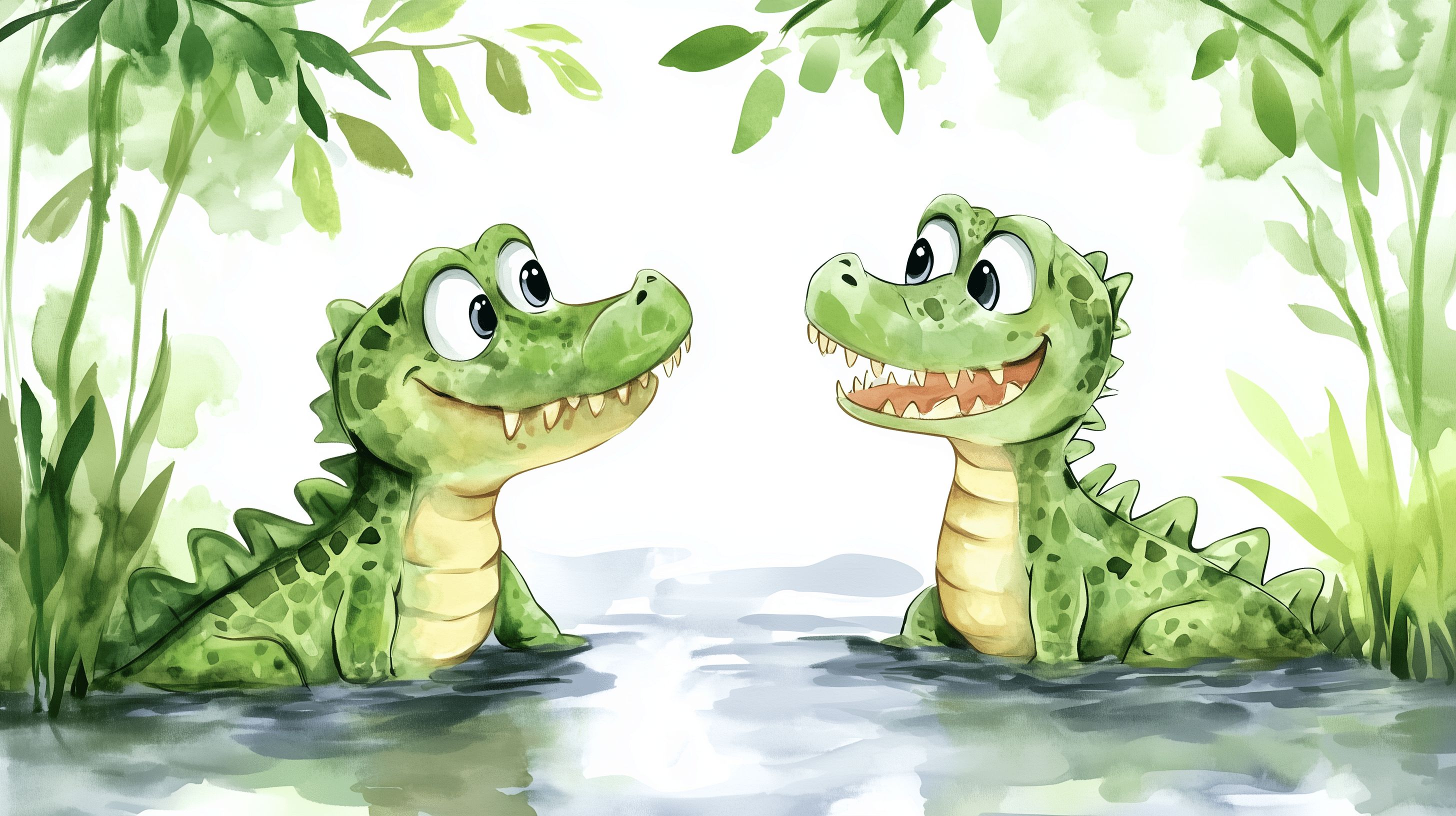 2912x1632 Cute Crocodiles Wall Mural, Peel and Stick Cartoon Style Alligators in the River Wallpaper, Nursery Watercolor Animals Art & stick / Small