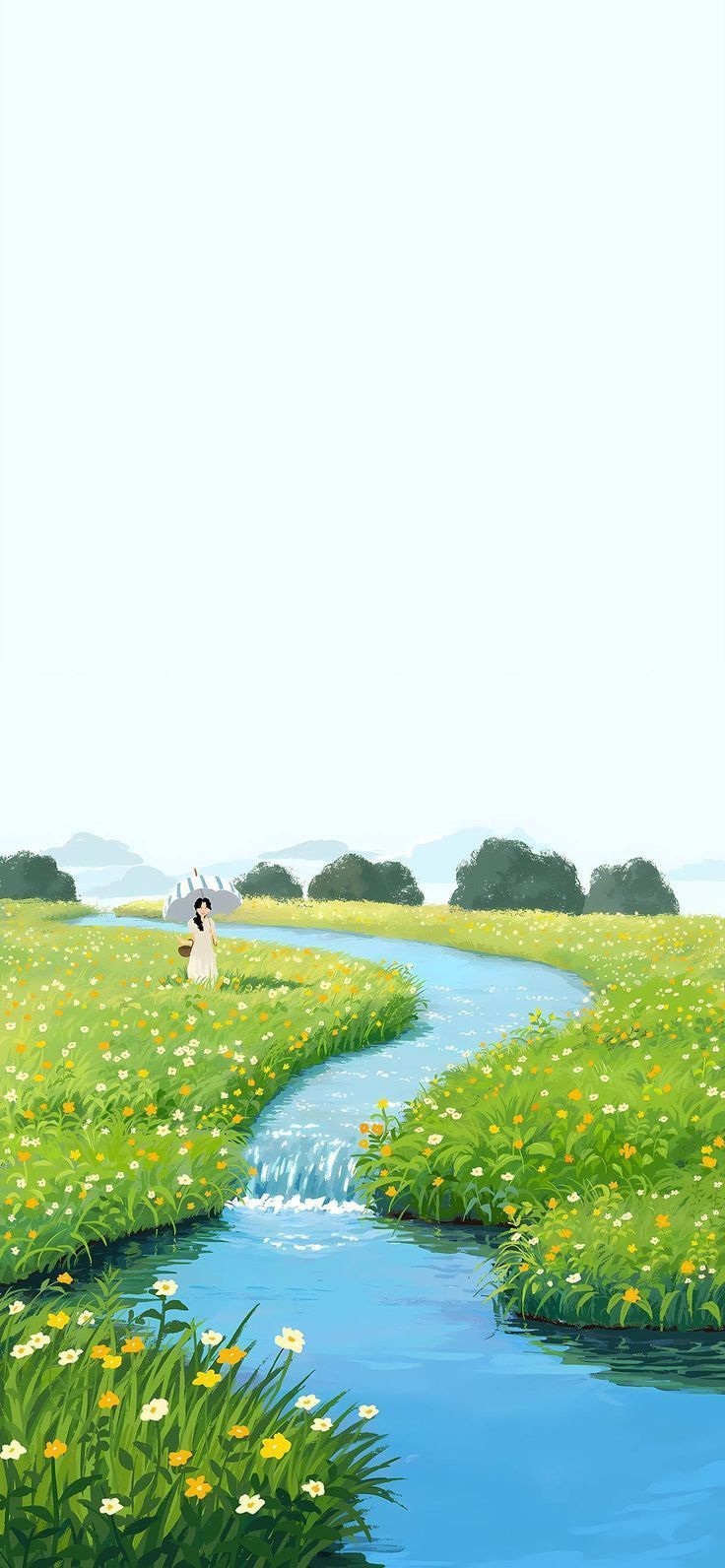 736x1592 River Running Through Lush Green Field. Scenery illustration simple, Simple cartoon nature scene, Simple cartoon landscape
