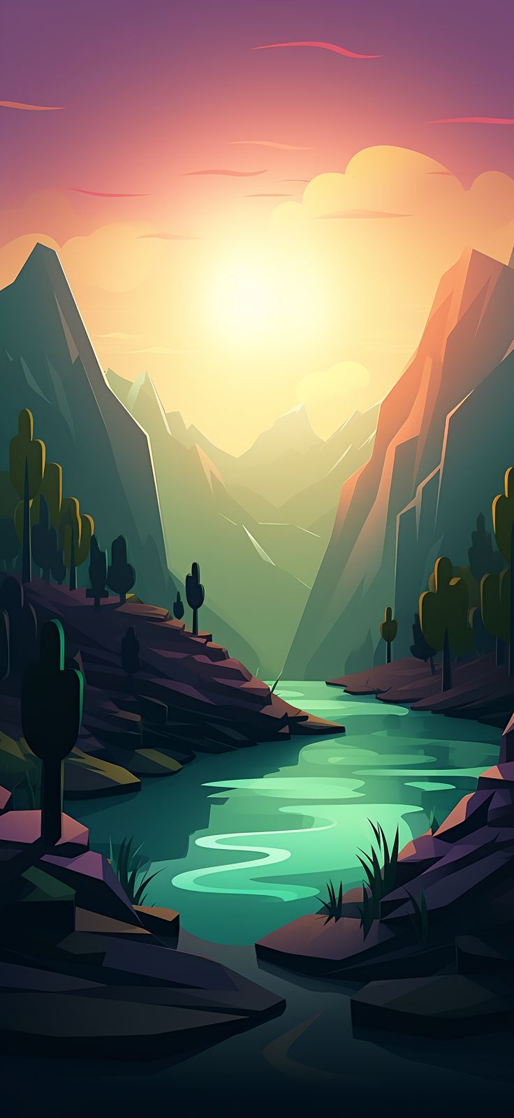 736x1600 River Flowing Through Lush Green Forest. Animated landscape wallpaper, Vector art illustration scenery, Simple cartoon