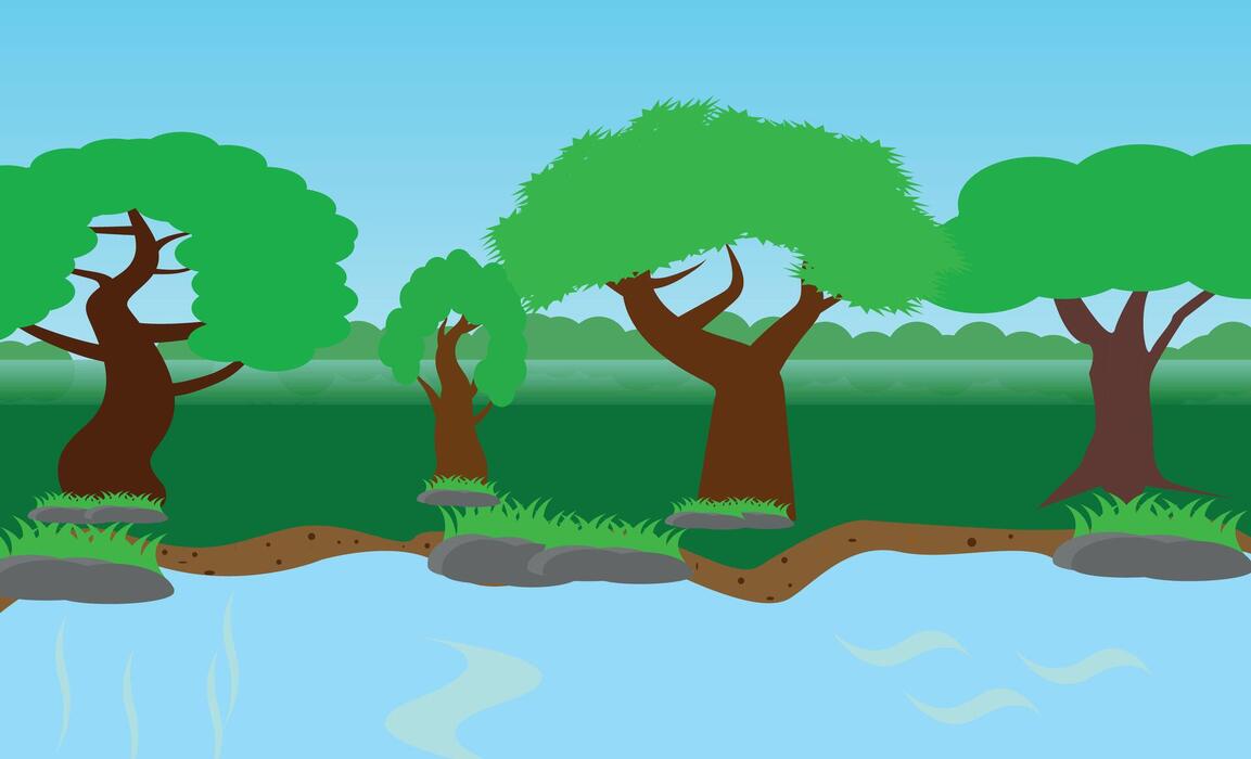 1153x700 Vector illustration of a sunny forest, mountains and a river. Cartoon style wallpaper, flyer, banner or landing page. Camping place in the wood near the water, tree and the park