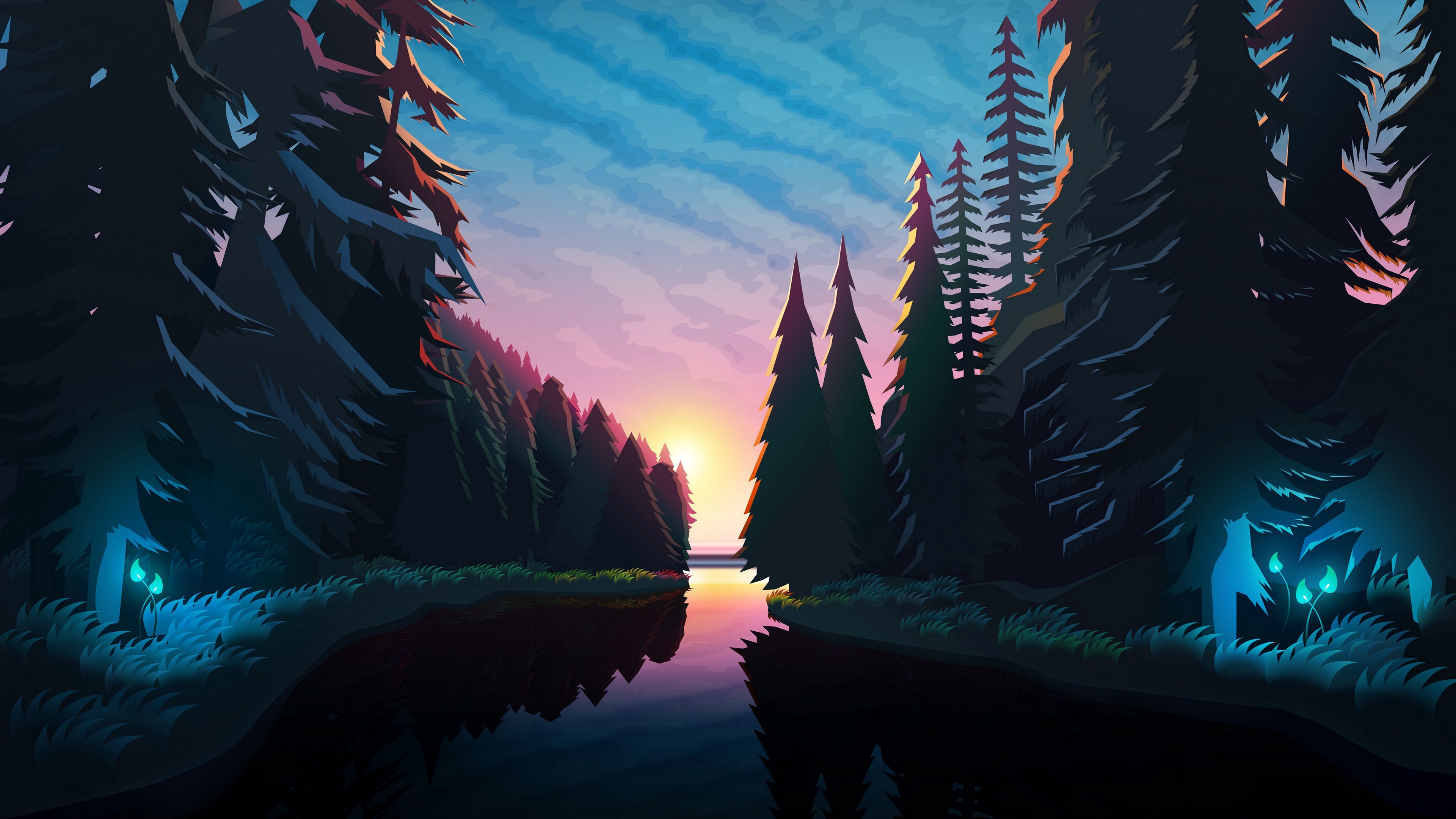3840x2160 Forest river digital illustration Wallpaper 4K for Desktop