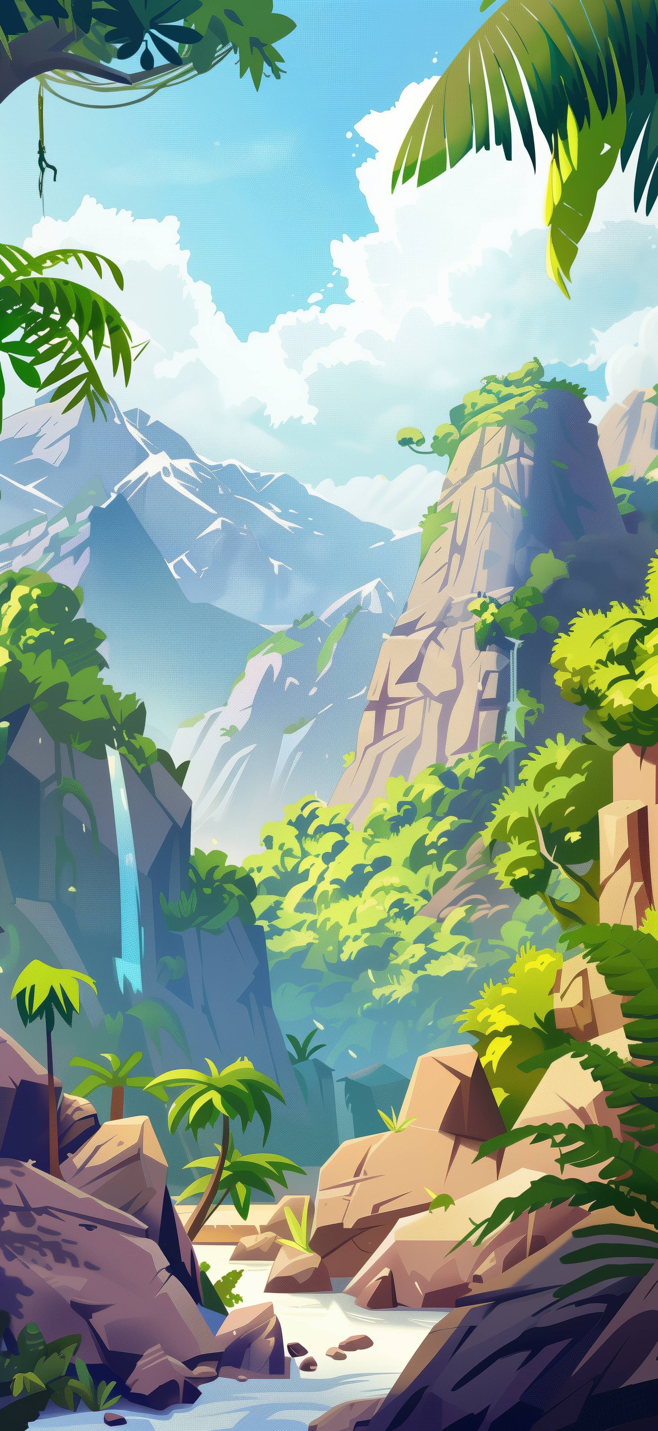 2210x4804 Tropical Cartoon Wallpaper Scenery With Palms and Waterfalls. Free AI Image