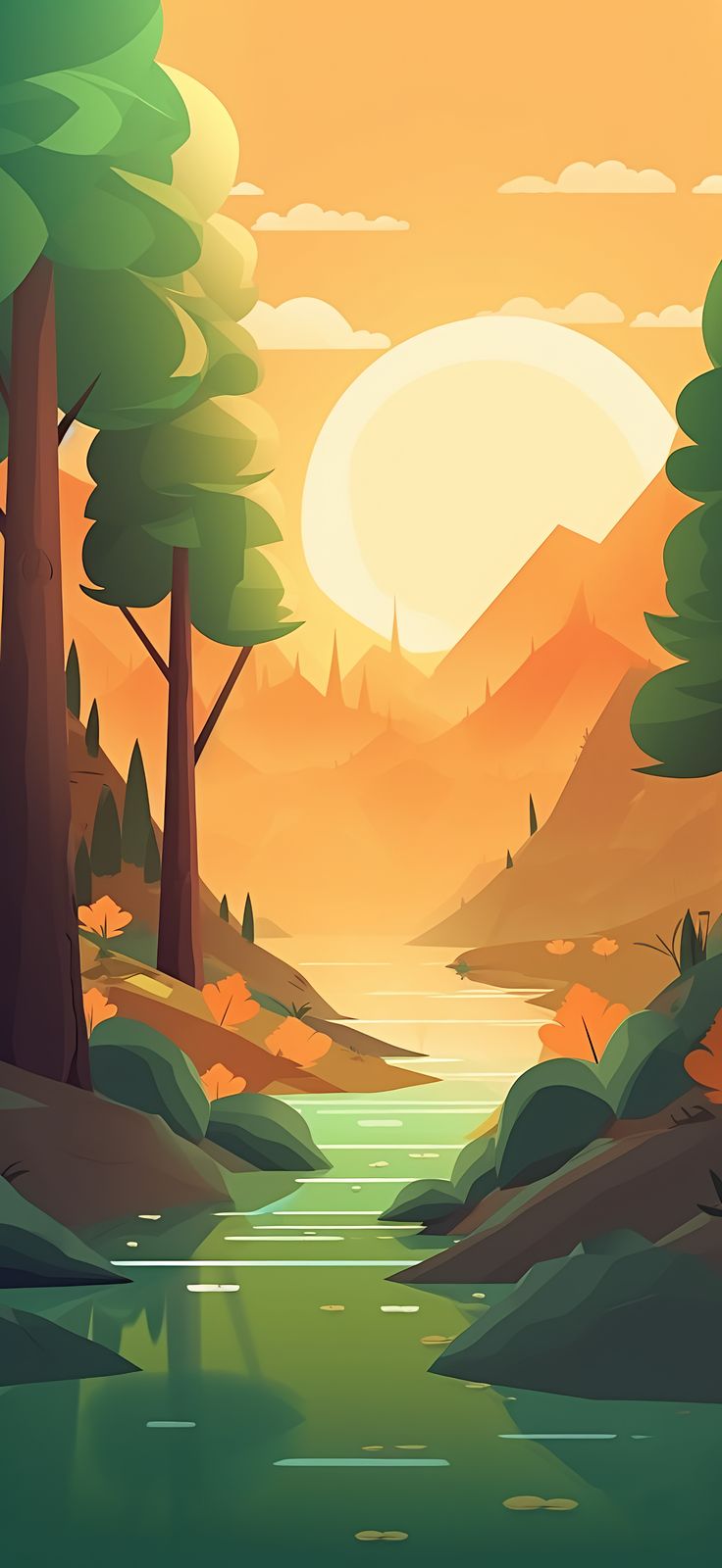 736x1600 Serene River in a Lush Green Forest. Autumn forest landscape, Nature wallpaper ideas, Relaxing nature