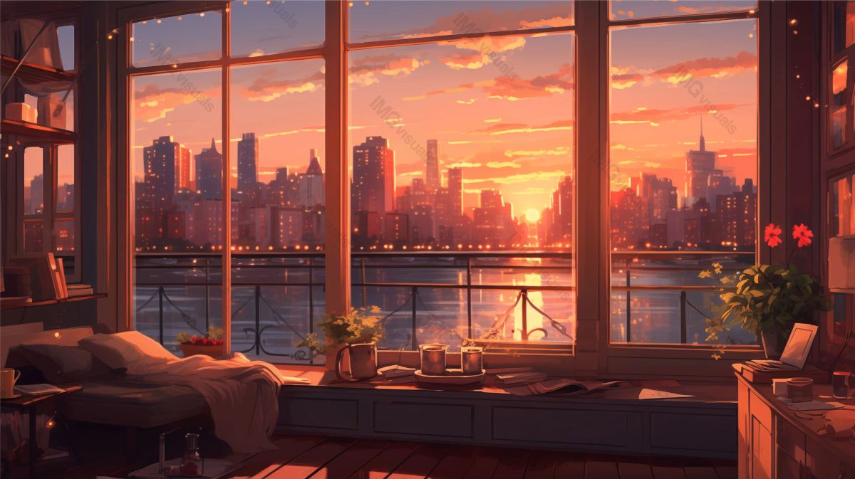 1200x673 Warm sunrise illuminating room with river view ai generated 2D cartoon