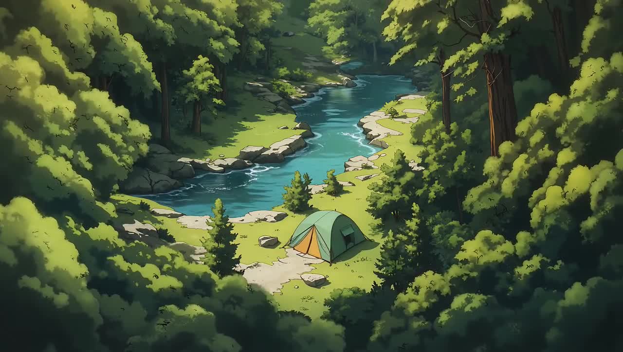 1280x724 Anime Forest Camping Animated Wallpaper, Green Tent Stream Overlay (Digital Download)