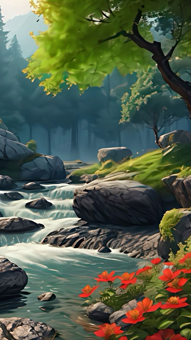 736x1308 River flowing through a forest with rocks and flowers. Schöne landschaften, Hintergrund landschaft, Schöne naturbilder