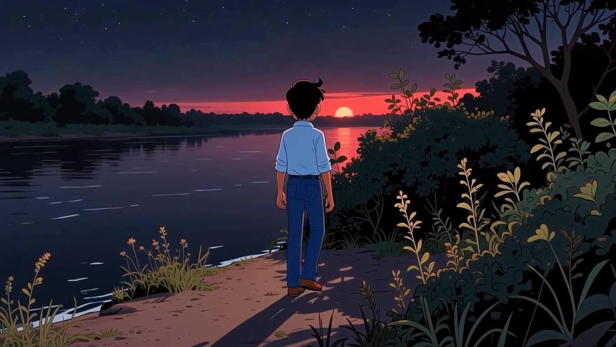 1242x700 Cartoon Character Walking by River at Sunset Rear View, Peaceful Nature Illustration