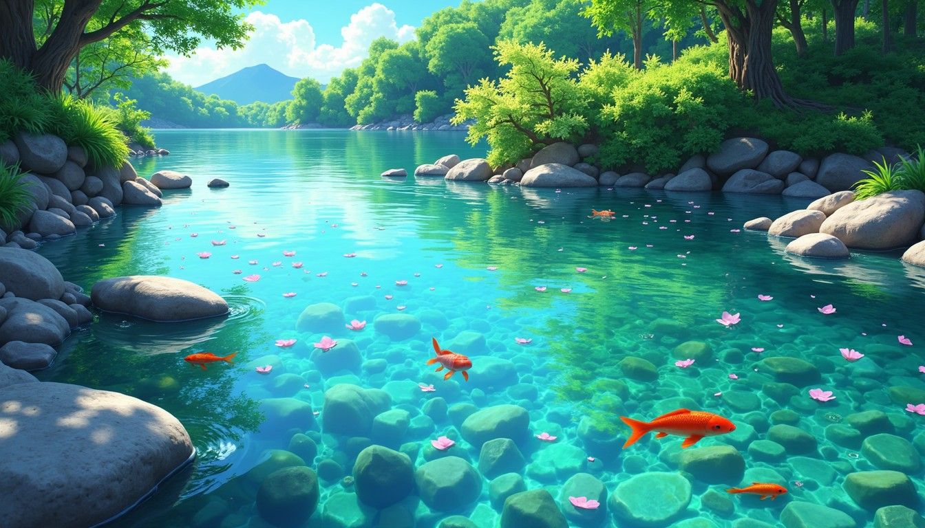 1344x768 Download Tranquil Koi River Image, Koi, Anime