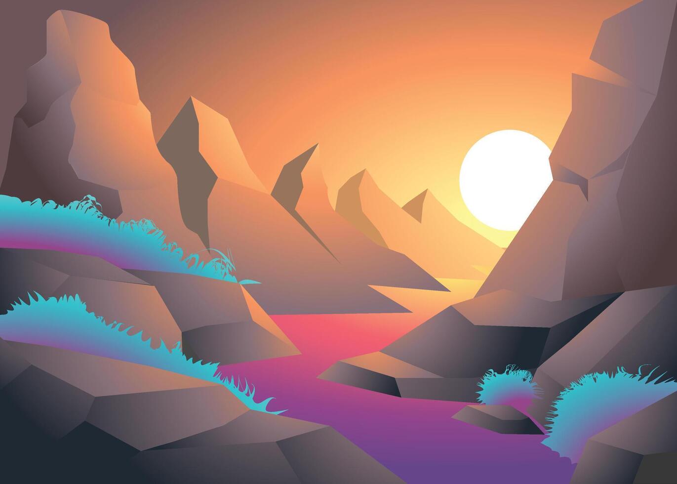 1371x980 Beautiful Cartoon fantasy Landscape with sunset or sunrise and mountain range with river flow