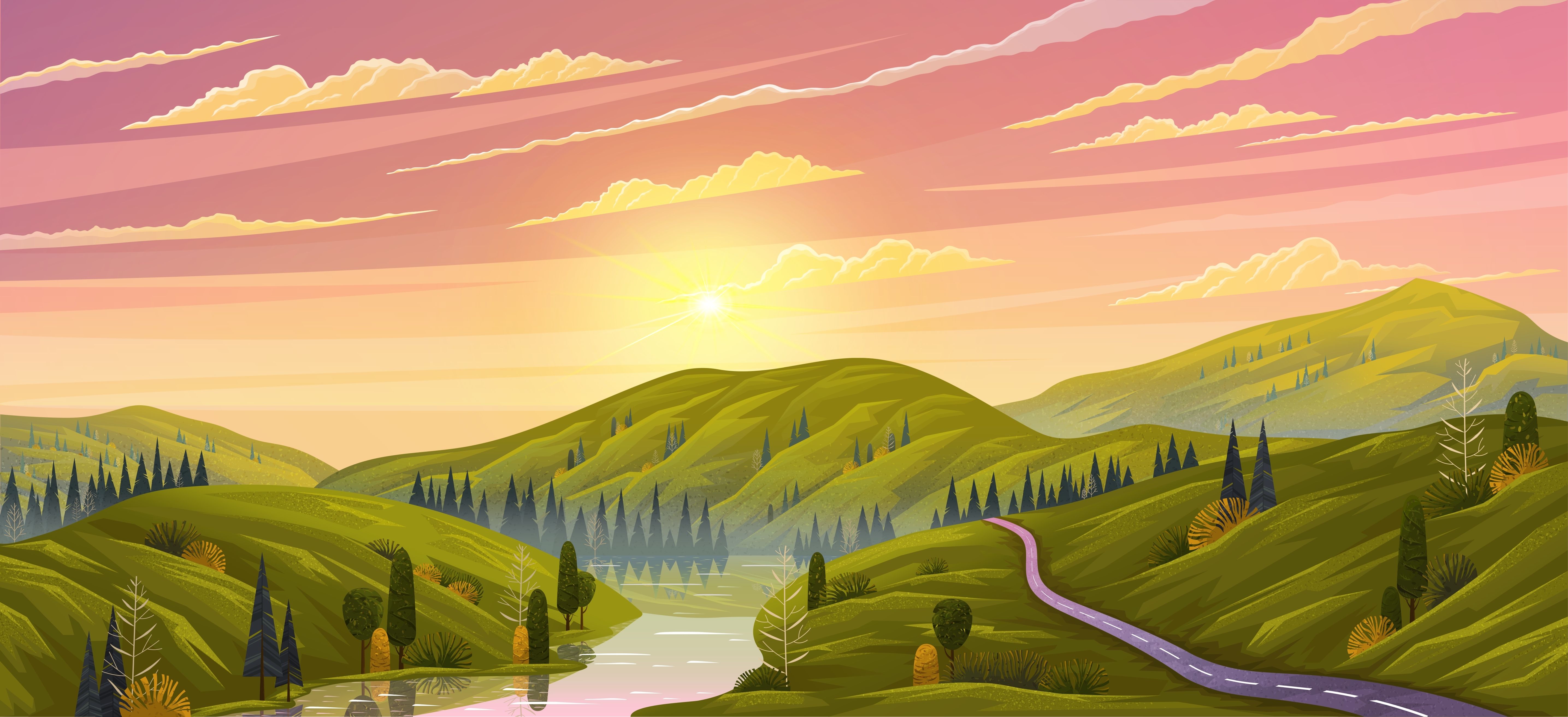 5741x2625 Vector River And Trees Wallpaper