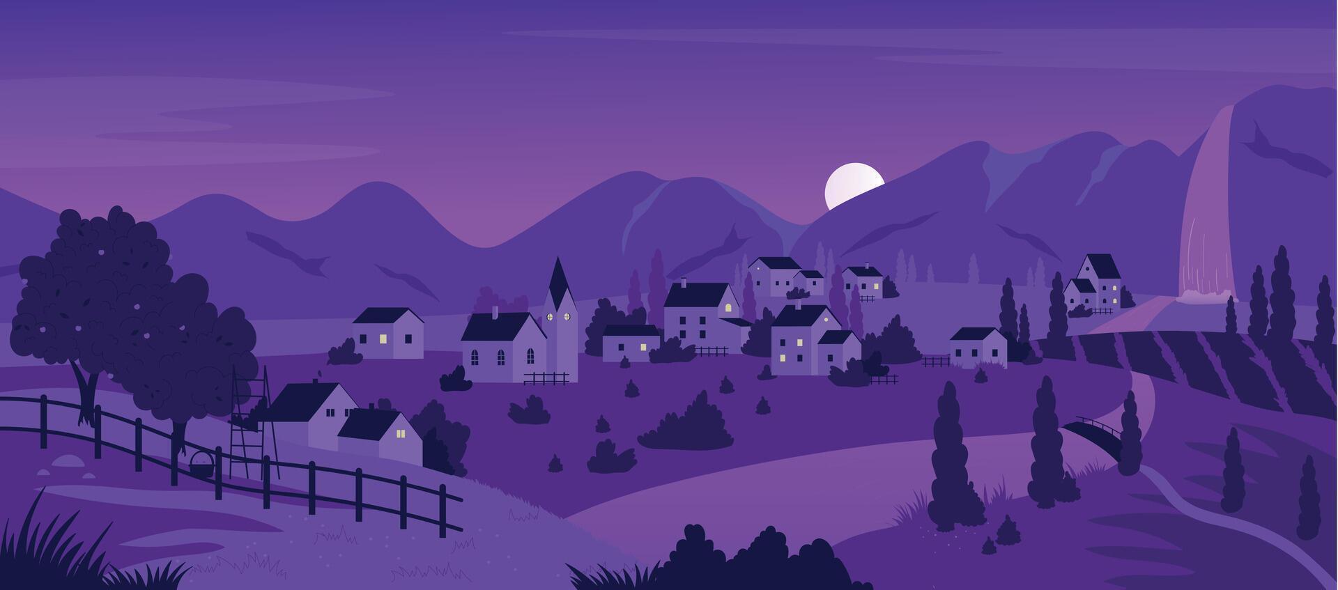 1920x847 Night town or village in purple mountain summer landscape. Cartoon neon night or evening time, farm houses and orchards by river, waterfall, rural panorama scenery background