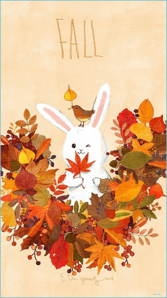 700x1245 bunny drawing surrounded by orange green red yellow brown leaves pinecones autumn wallpaper iphone f