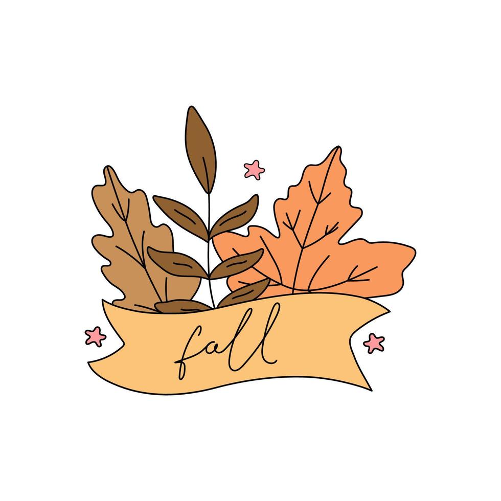 980x980 Autumn leaves. Vector isolated set of maple, oak and rowan leaves. Hand lettering Fall. Ideal for wallpaper, gift paper, pattern fills, web page background, fall greeting cards