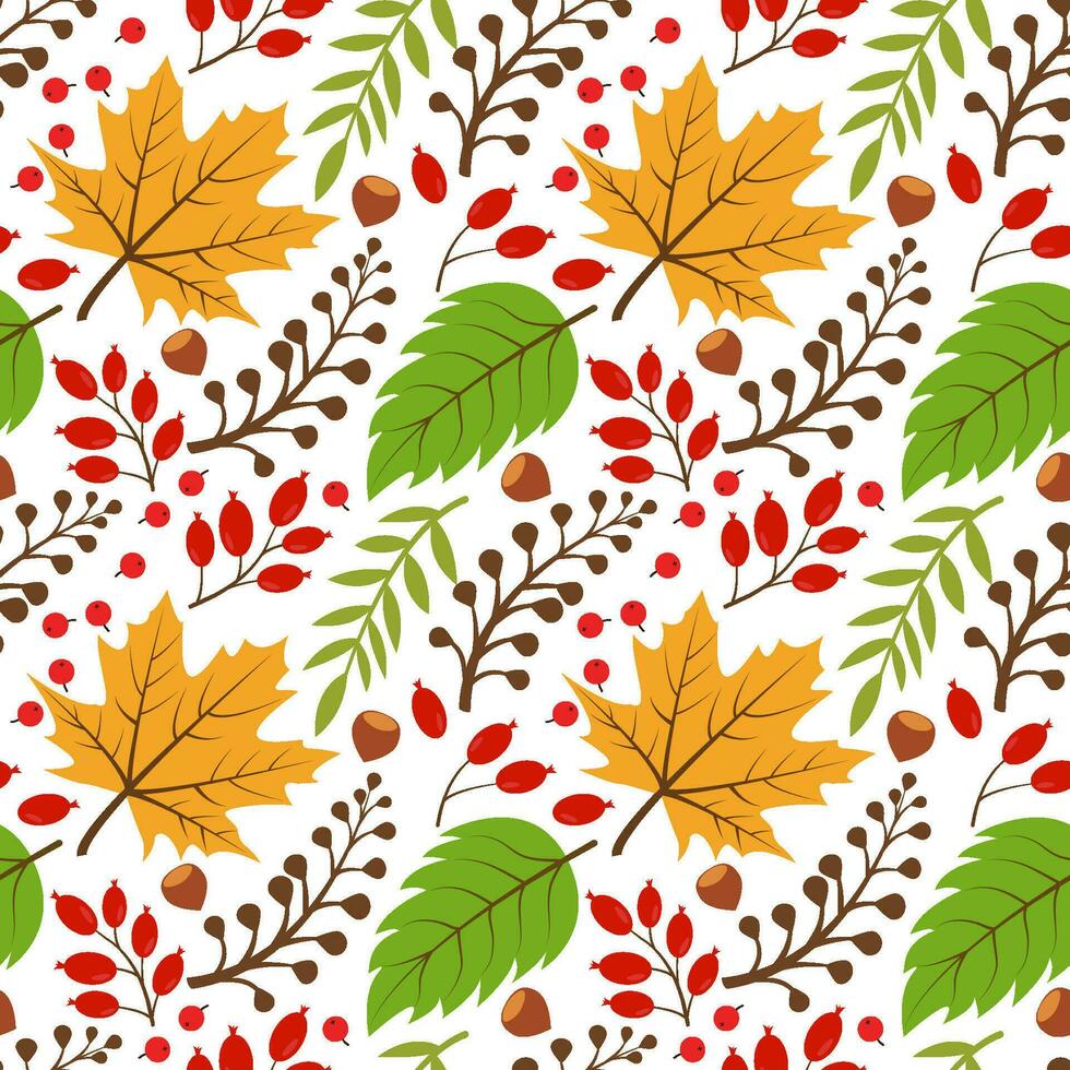 980x980 Pattern with autumn leaves. Vector seamless drawing of leaves, acorns, nuts, mountain ash. Background for textiles or book covers, wallpaper, design, graphics, printing, hobbies, invitations