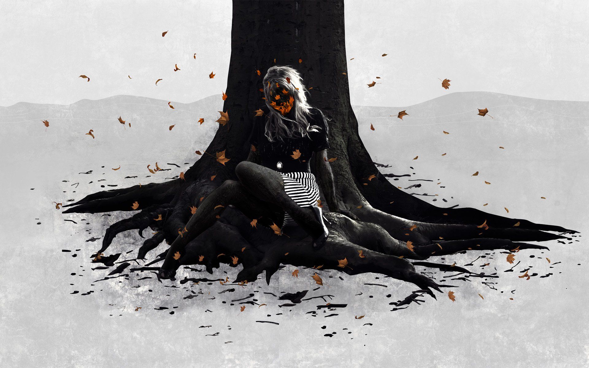 1920x1200 Autumn Muse: Artistic Woman Embracing the Tree in HD Fall Wallpaperx1200