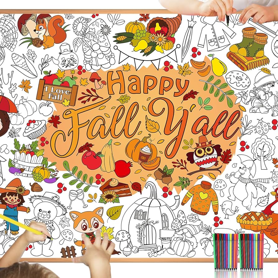 894x894 HOWAF Giant Happy Fall Y'all Coloring Poster with 24pcs (24 Colors) Paint Pens, Jumbo Hello Autumn Coloring Banner for Kids Fall Party Game Activities Supplies, Large Hello Fall Coloring Table Cover