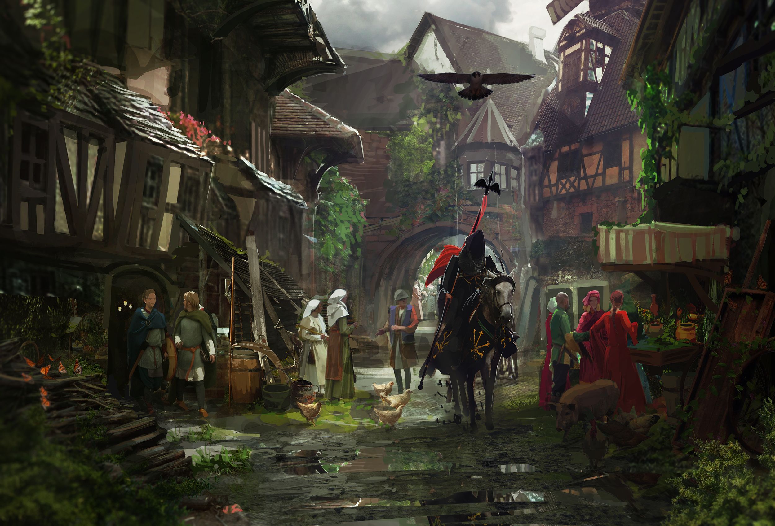 2500x1699 Wallpaper the city, horse, street, building, knight, the middle ages, horse, Middle Ages for mobile and desktop, section живопись, resolution 2500x1699