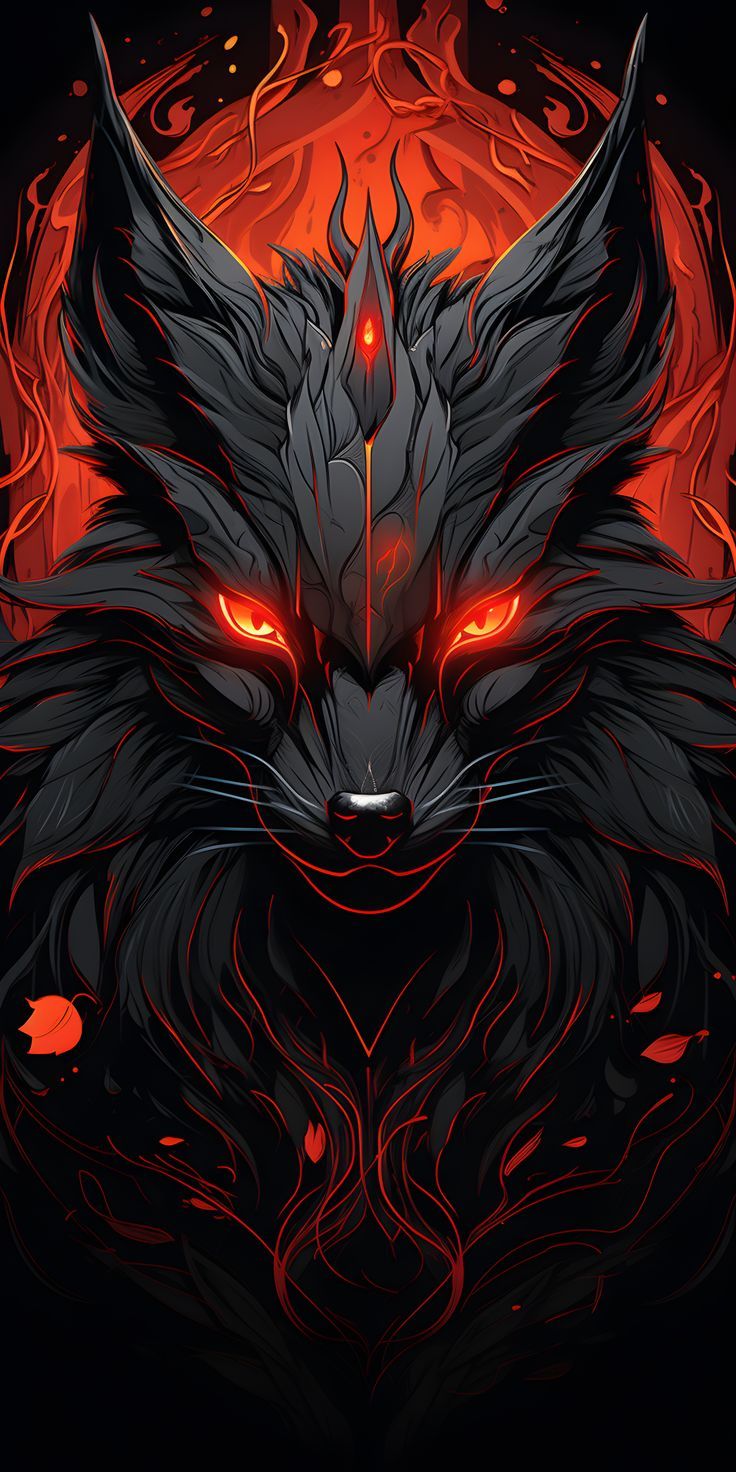 736x1472 Kitsune black fox with fire red eyes