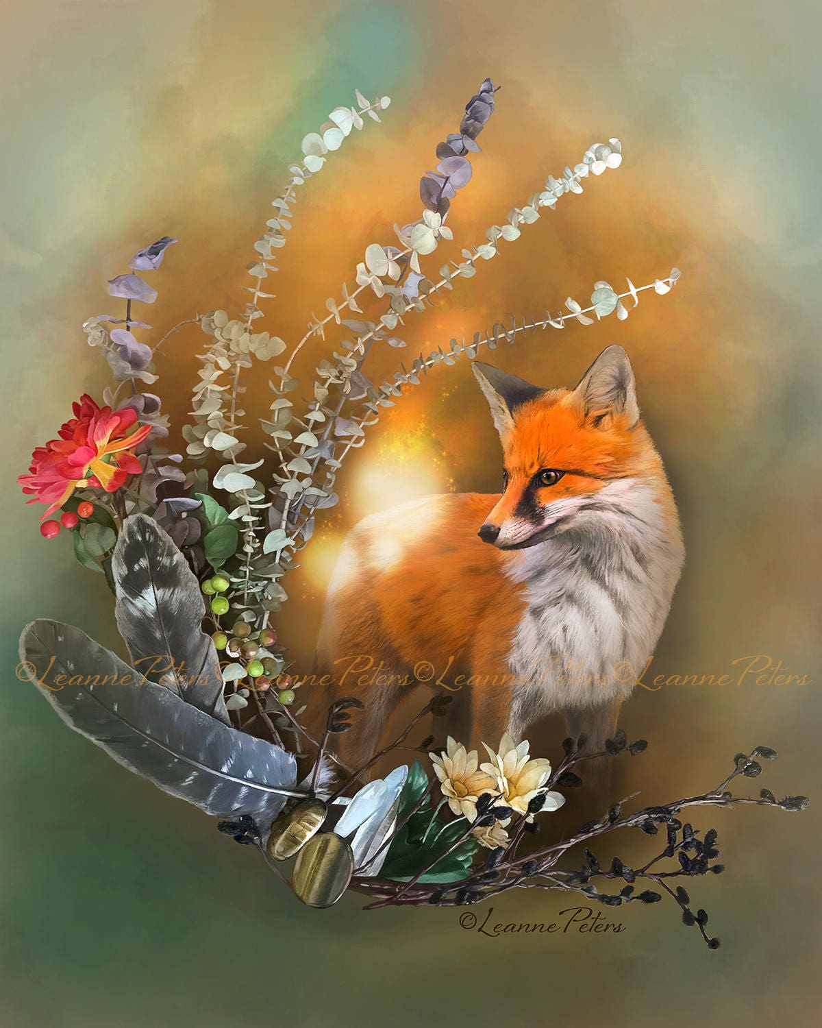 1200x1500 Fox Art Print, Flowers and Red Fox Print, Fairy Orb Print, Spirit Animal Print