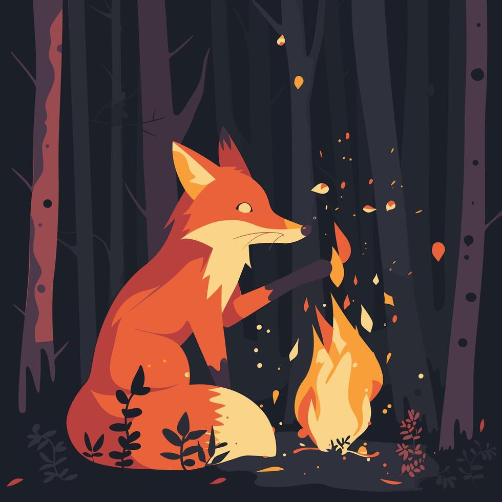 980x980 A magic fox creating a fire spell in a dark forest