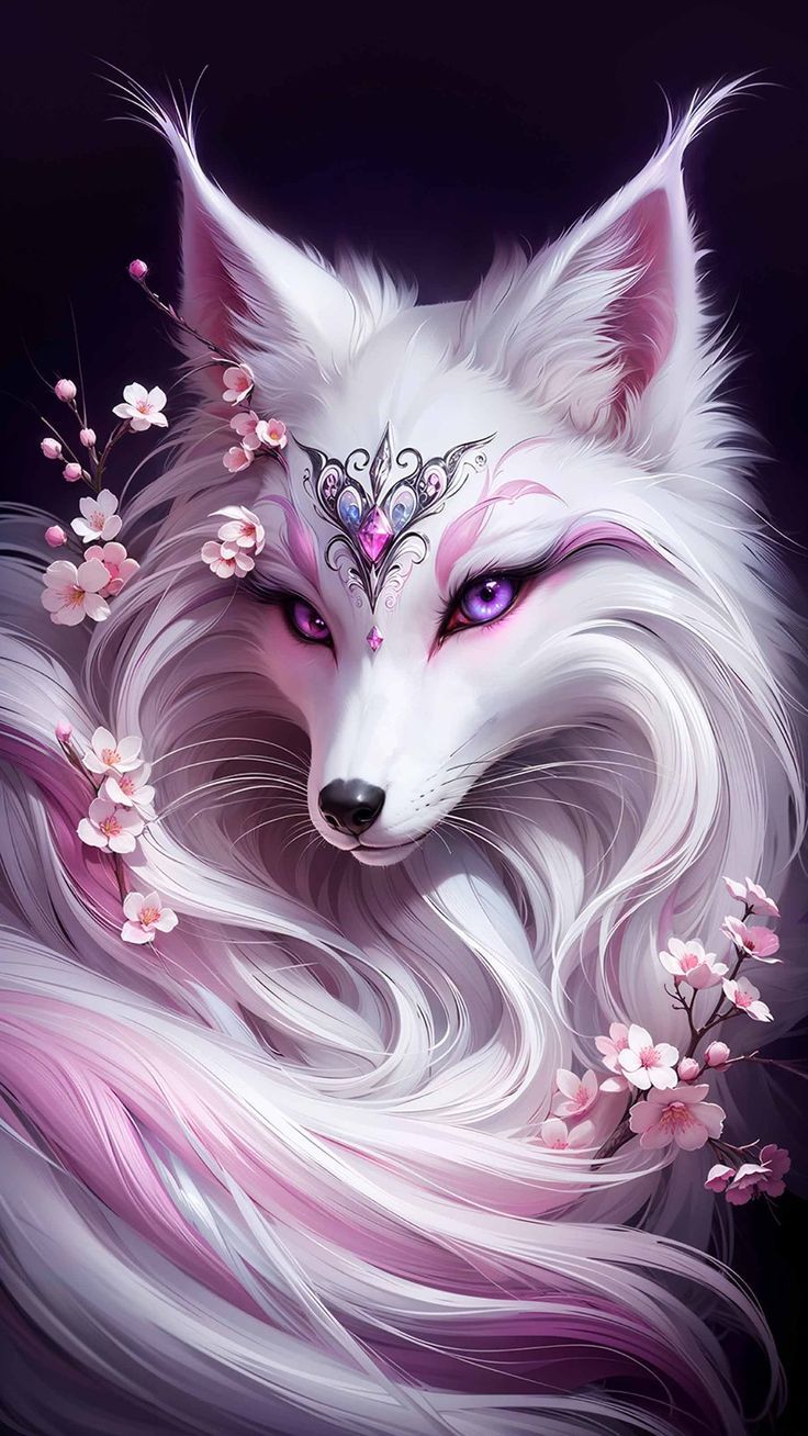 736x1308 Wolf with pink hair. White wolf with pink eyes, Pink and white wolf, Magic fox
